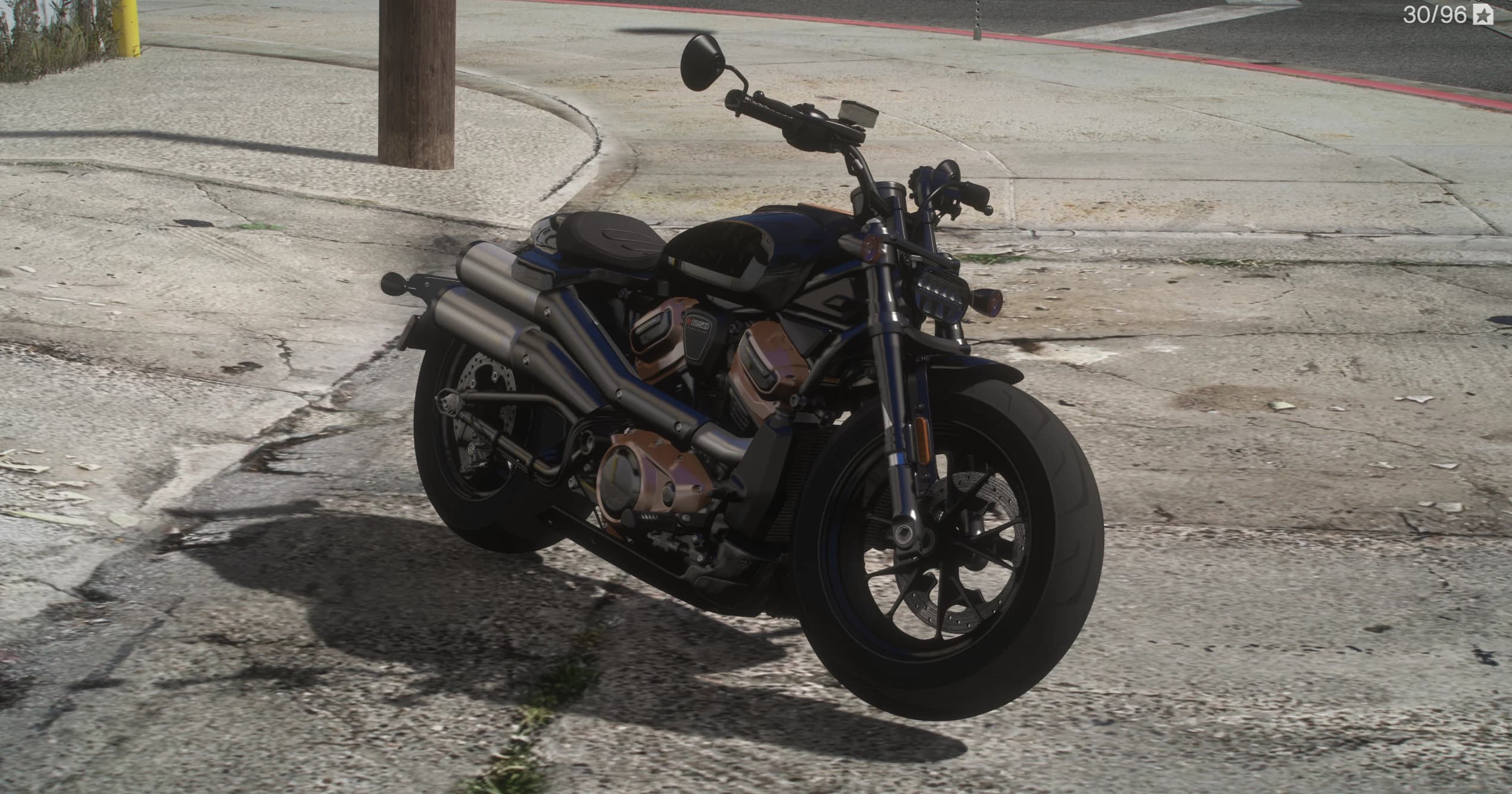Front three-quarter of the black 2022 Harley-Davidson Sportster S on a cracked street corner, showing the bronze Revolution Max engine covers, stacked twin exhausts, inverted forks and single round headlight
