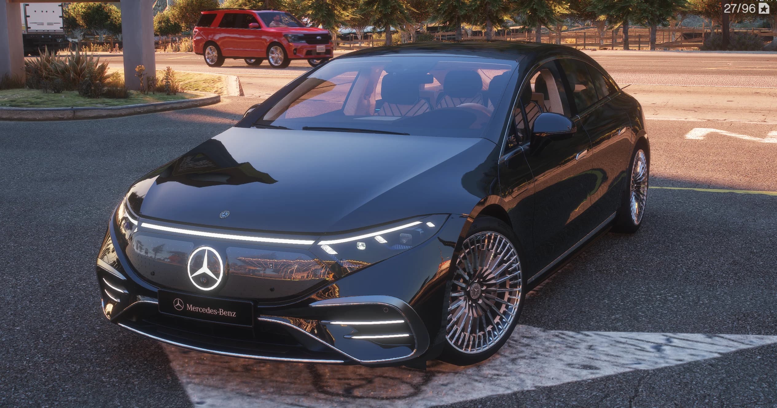 Black Mercedes-Benz EQS in front three-quarter view at golden hour, with the illuminated star in the black-panel grille, the full-width daytime running light strip lit, chrome multi-spoke wheels and a light-coloured interior