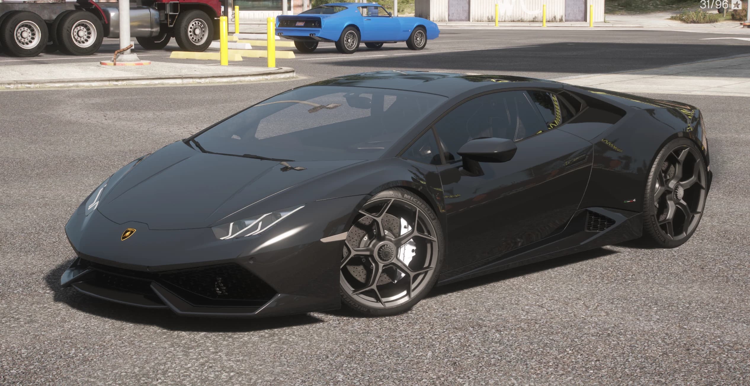 Front three quarter view of the black stock Huracan with the Lamborghini badge on the nose, Michelin tyres and carbon ceramic brakes