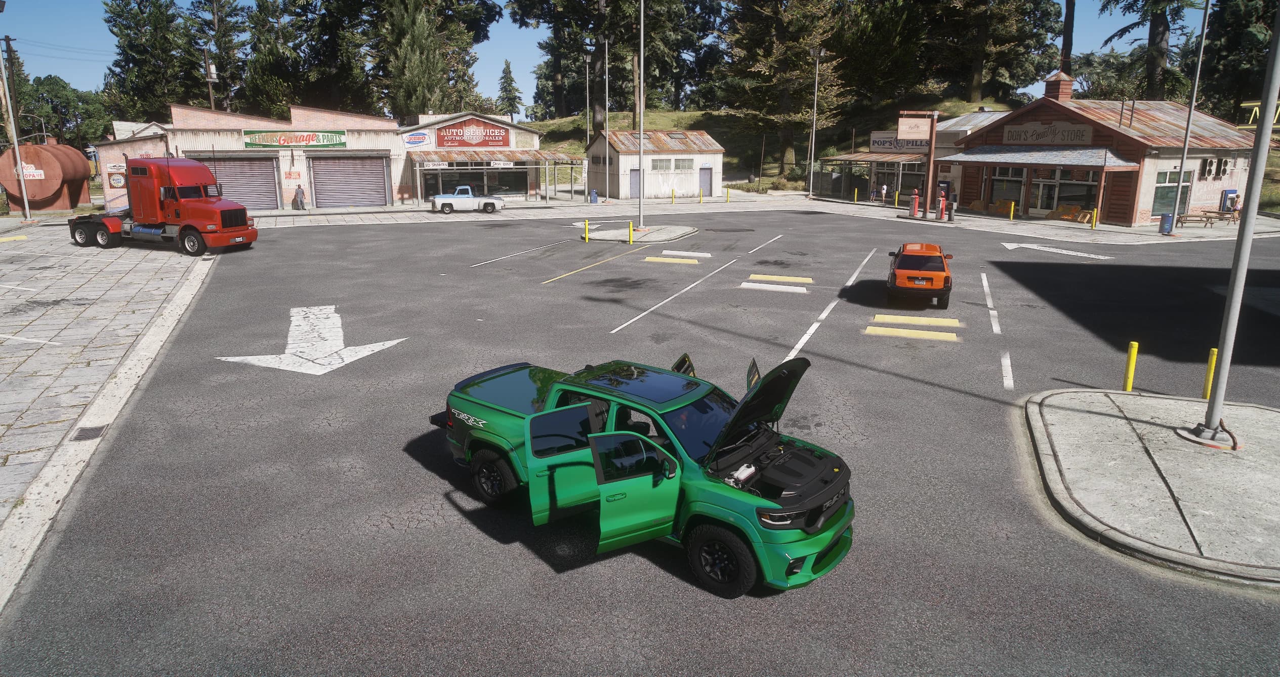 Elevated shot of the pickup in a Sandy Shores parking lot with the hood and both doors open, exposing the engine bay, in front of Beeker's Garage and Don's Country Store