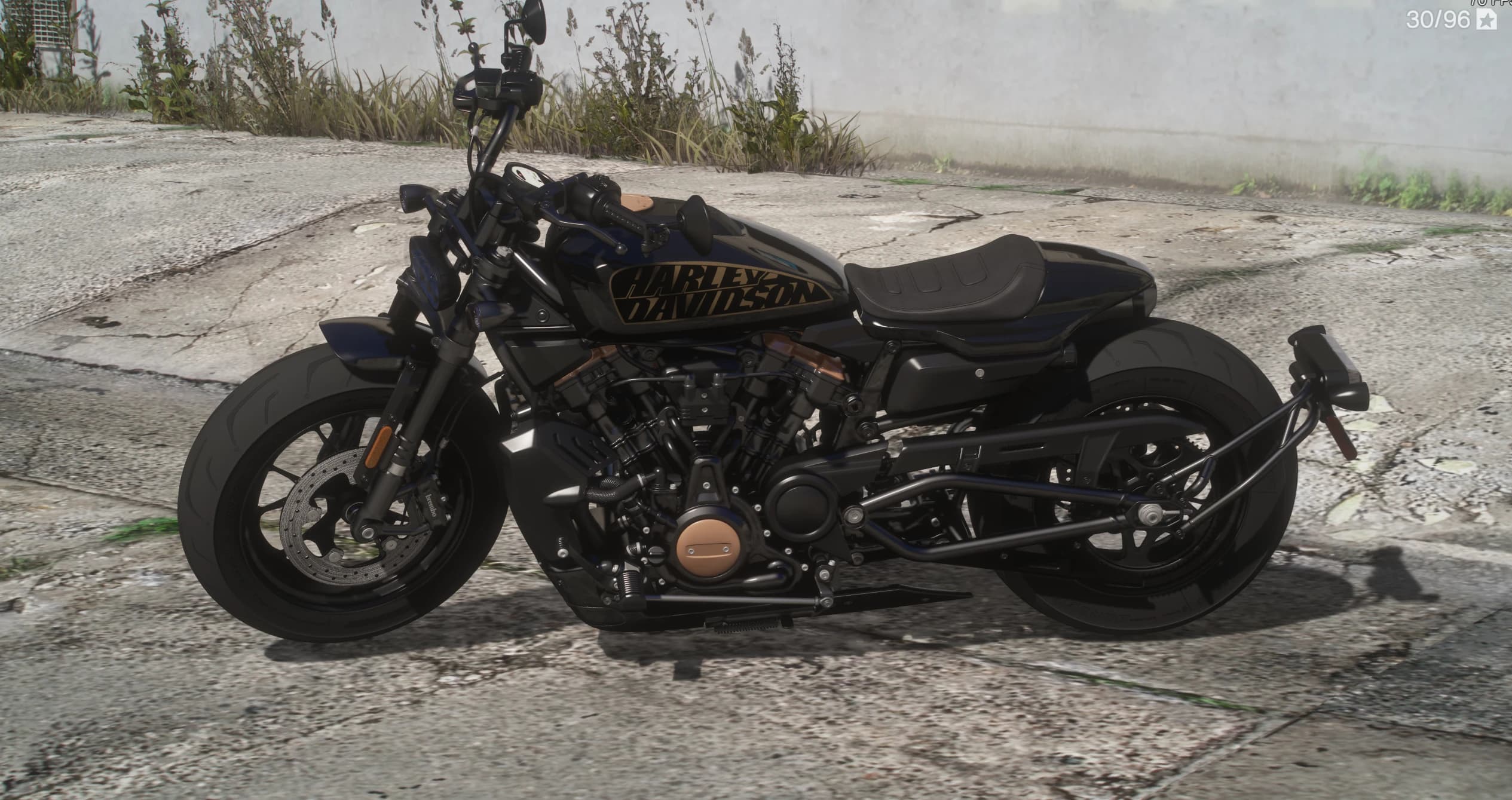 Left-side profile of the Sportster S showing the gold HARLEY-DAVIDSON logo on the black tank, the solo seat, bronze engine cases, a Brembo front brake caliper and the fat rear tyre
