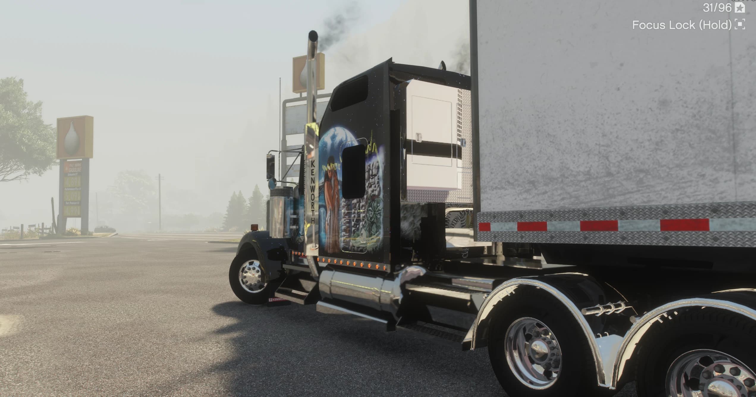 Close side view of the sleeper mural with the woman standing under a full moon among canyon rocks, vertical Kenworth lettering and smoke rising from the chrome stack