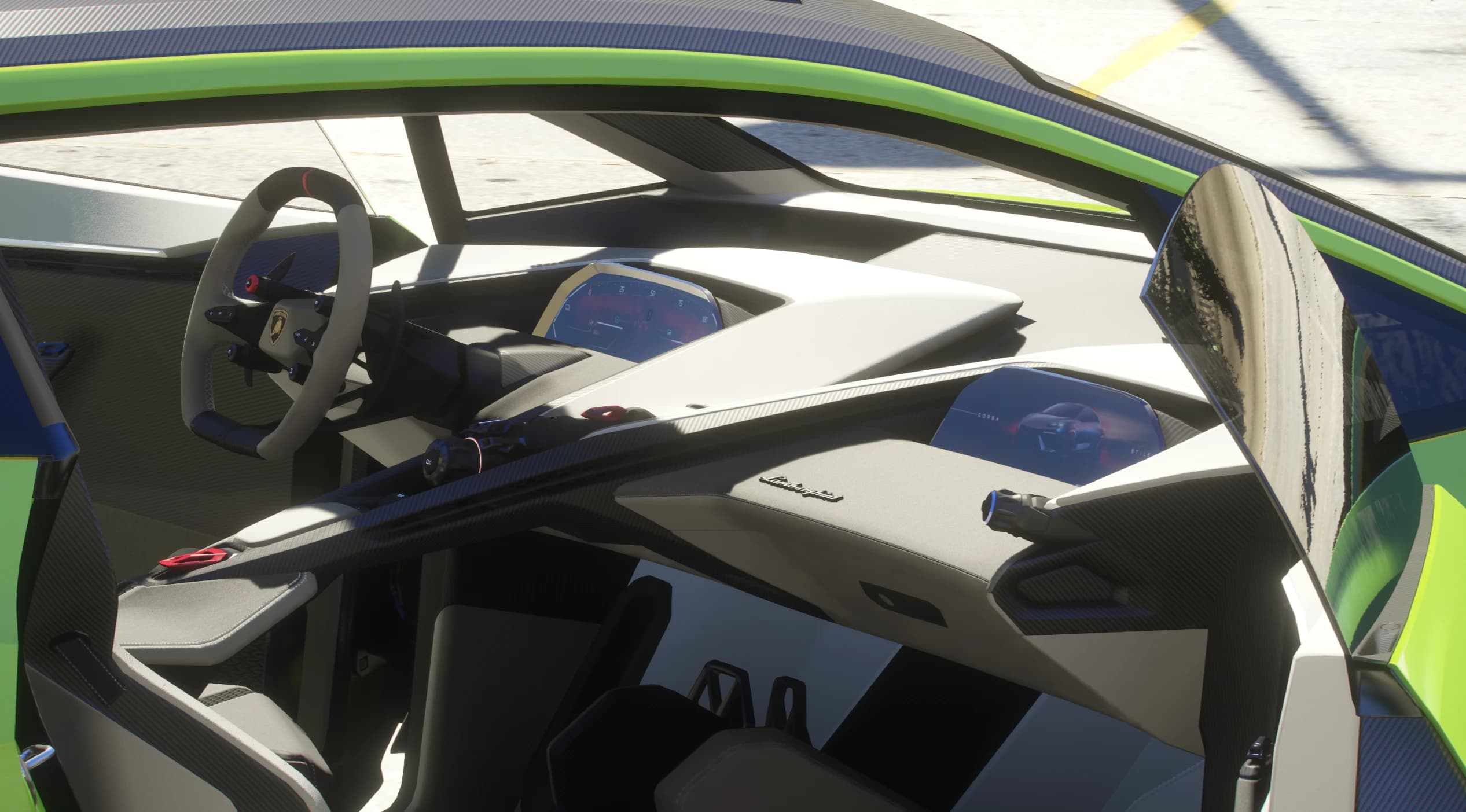 Interior of the Lanzador with the doors open, showing the square racing steering wheel with the Lamborghini crest, the driver gauge screen and the passenger display reading CORSA