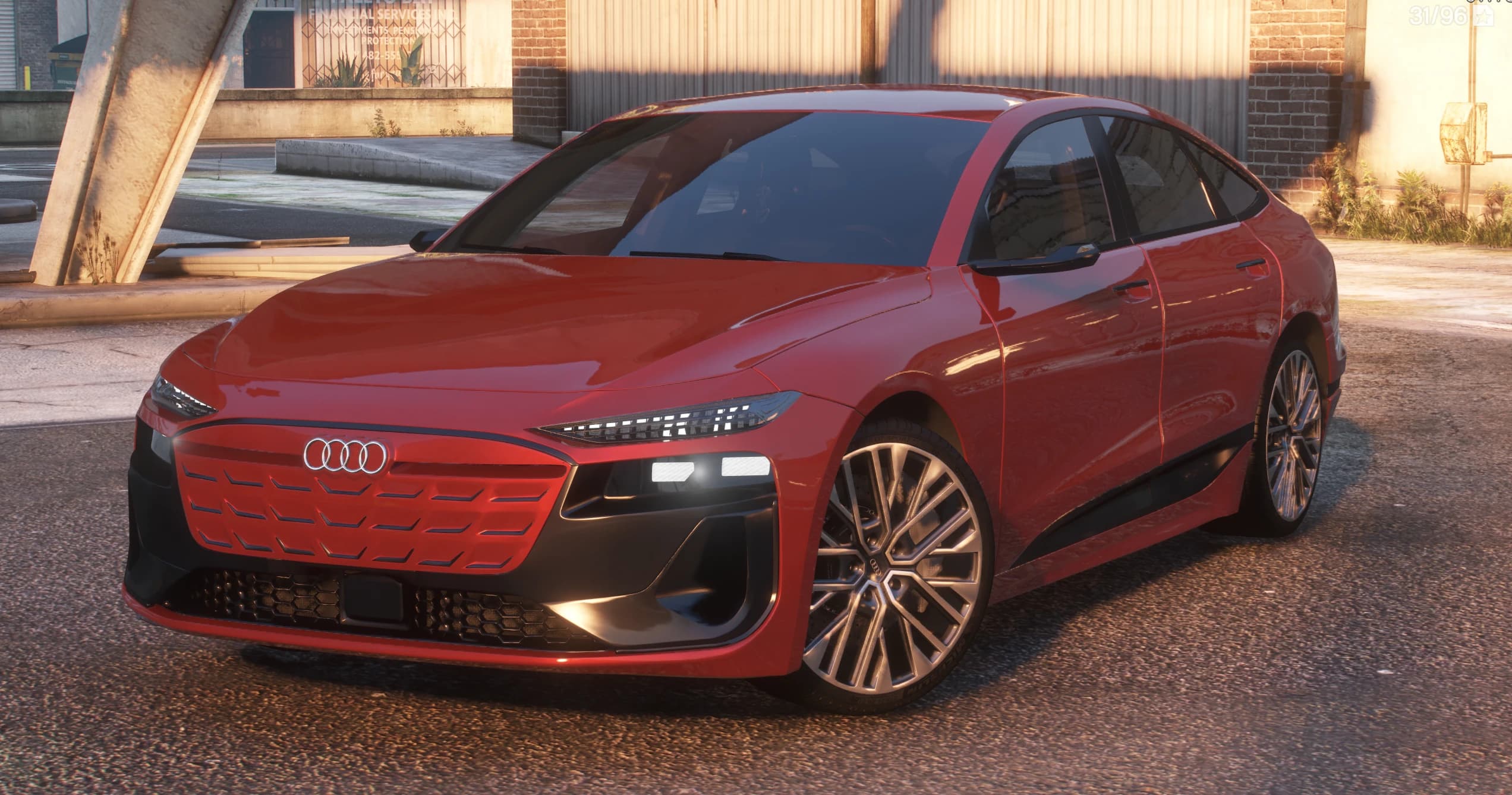 Front three quarter view of the dark red Audi A6 Sportback e-tron with the lit light signature and illuminated rings on the closed grille panel