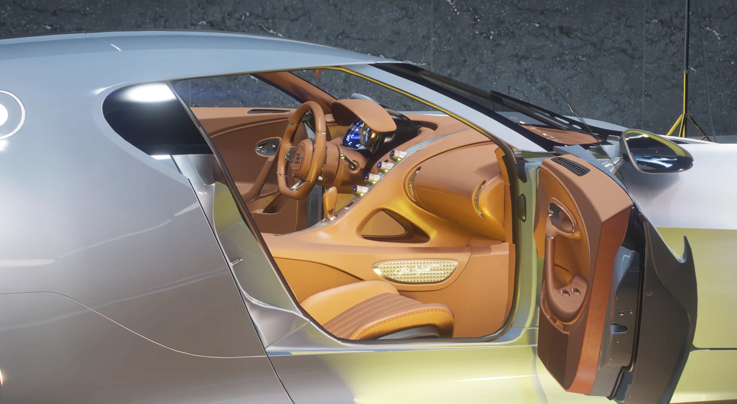 Passenger-side view of the car with the door open, revealing the tan leather interior, the blue digital gauge and the engraved Ettore Bugatti signature plate on the door panel