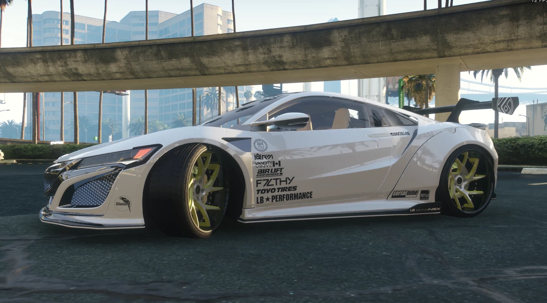 Side profile under a highway overpass showing the LB Edition NSX skirts, full sponsor stack and stretched tyres over lime wheels