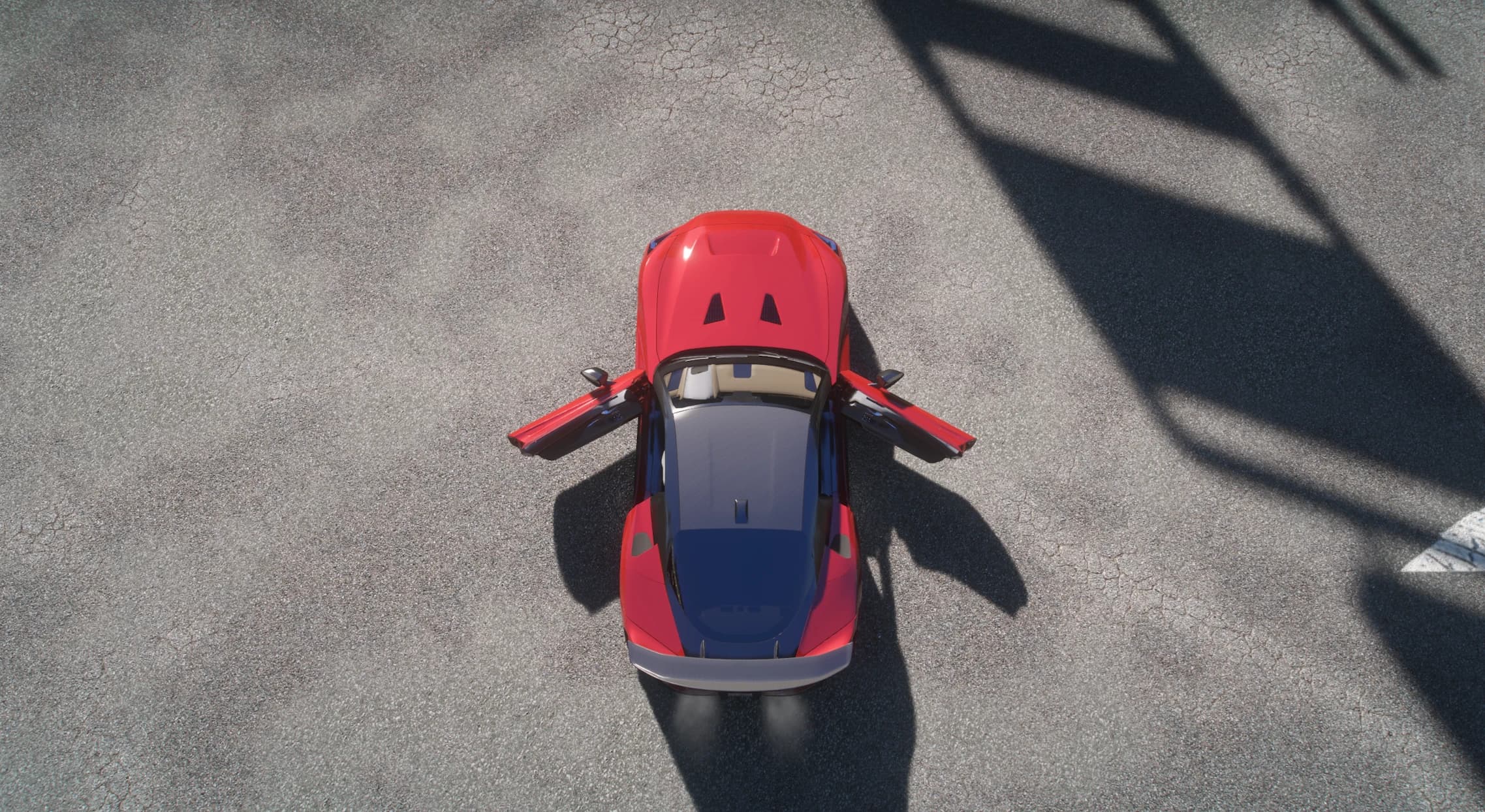Top-down view of the red GR GT with both doors open, showing the carbon roof and the tan interior