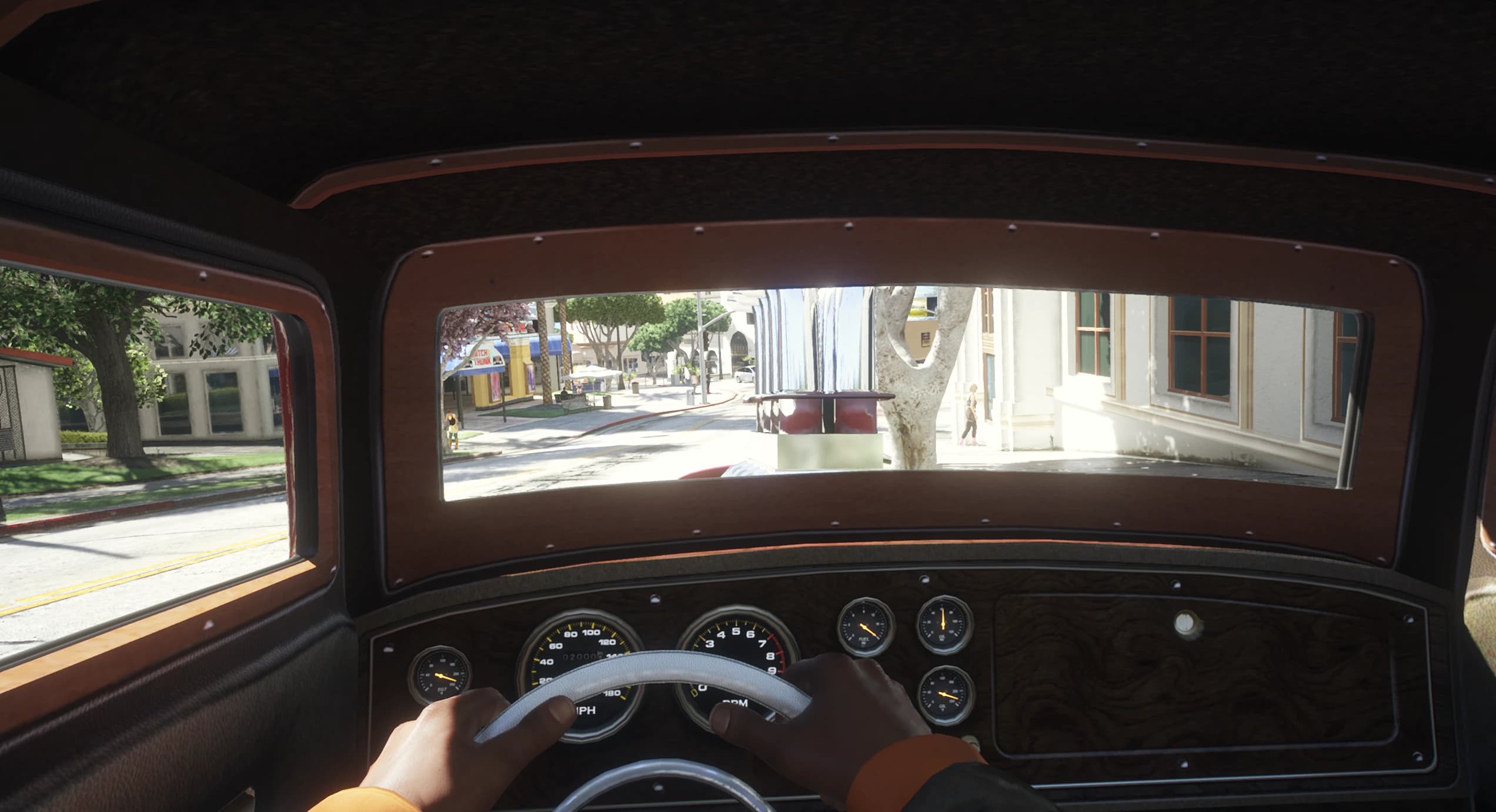 First person view of the XHustler wood dashboard with a full set of working gauges