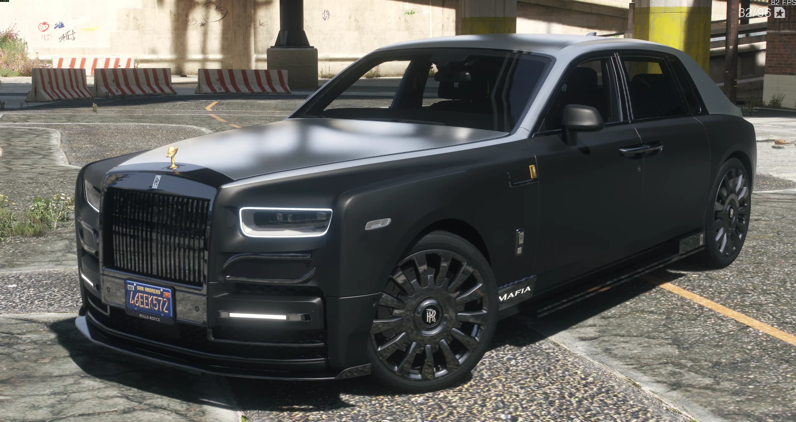 Front three quarter view of the Phantom with the Mafia kit: blacked out grille, front splitter and MAFIA rocker lettering