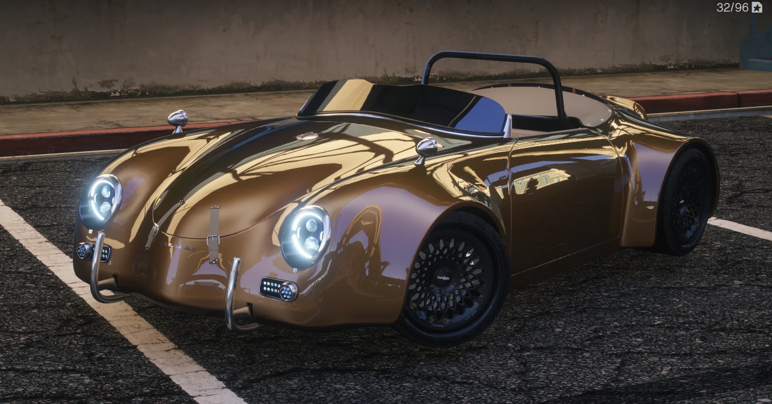 Front three quarter view of the copper widebody 356 Speedster with LED ring headlights, chrome bumperettes and the roll hoop