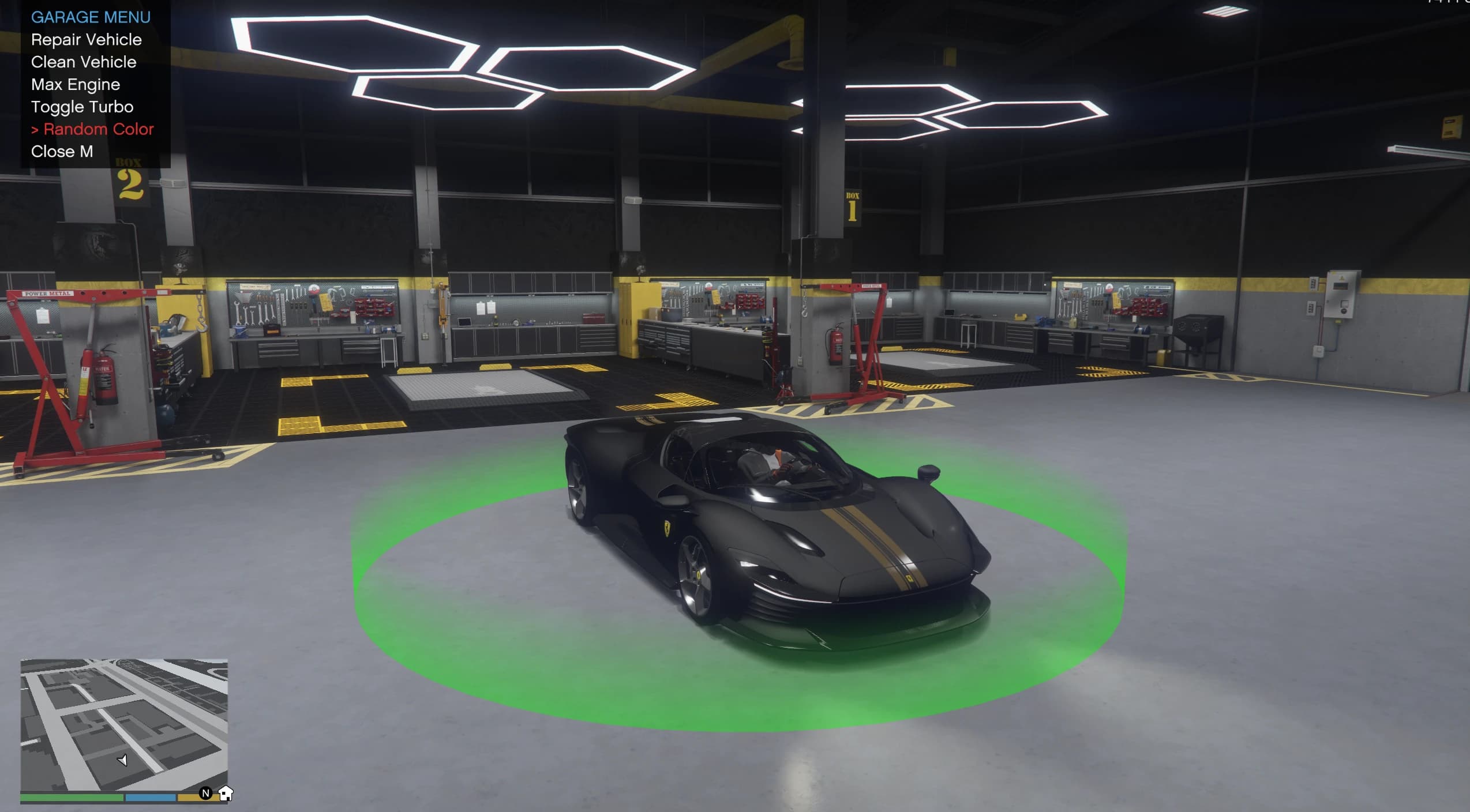 The garage menu open with repair, clean, max engine, turbo and random color options, after a matte black repaint