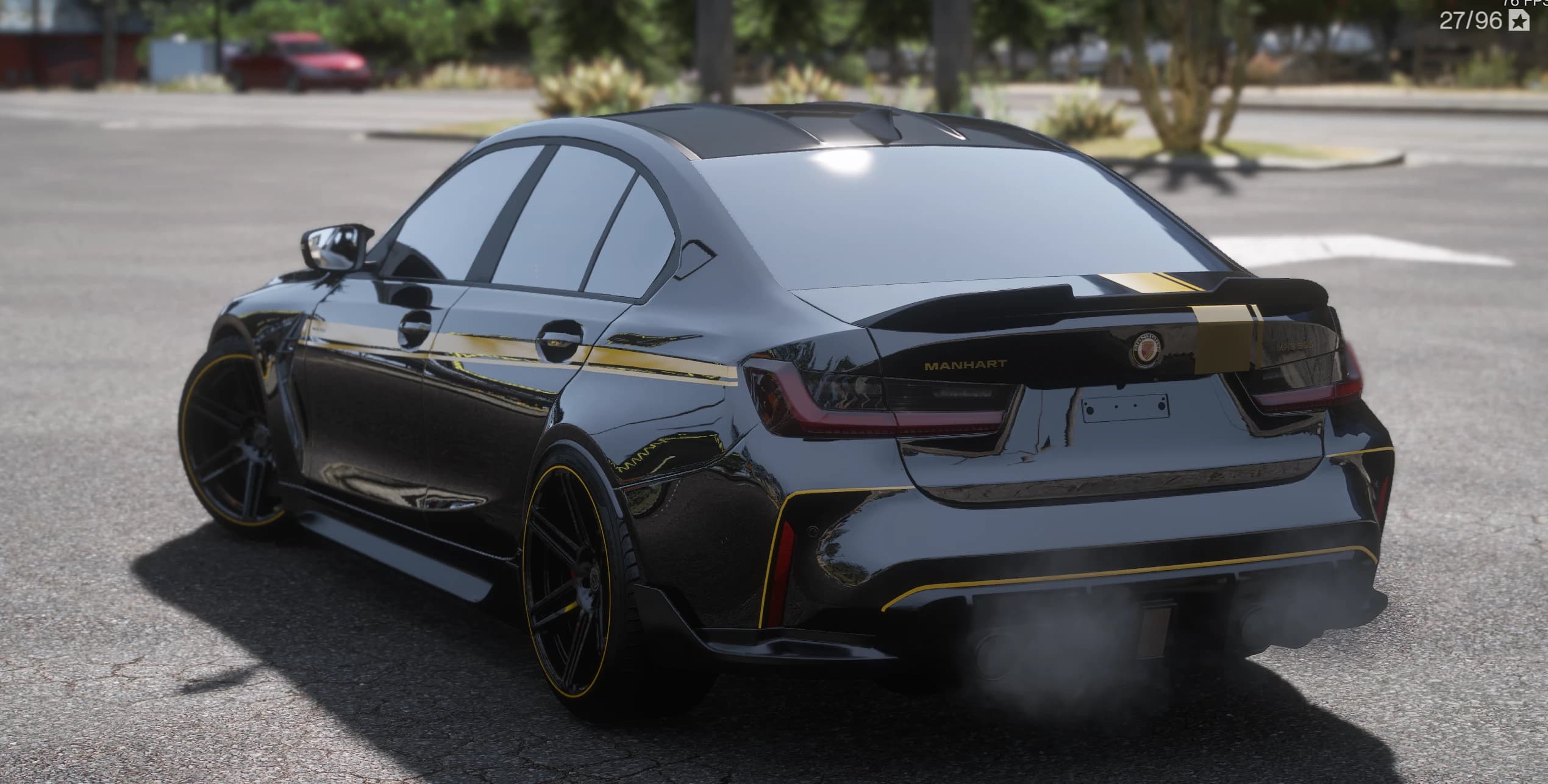 Rear three-quarter of the black MH3 600 with the gold stripes crossing the boot lid, the MANHART lettering on the tailgate, a ducktail spoiler and smoke rising from the quad exhausts