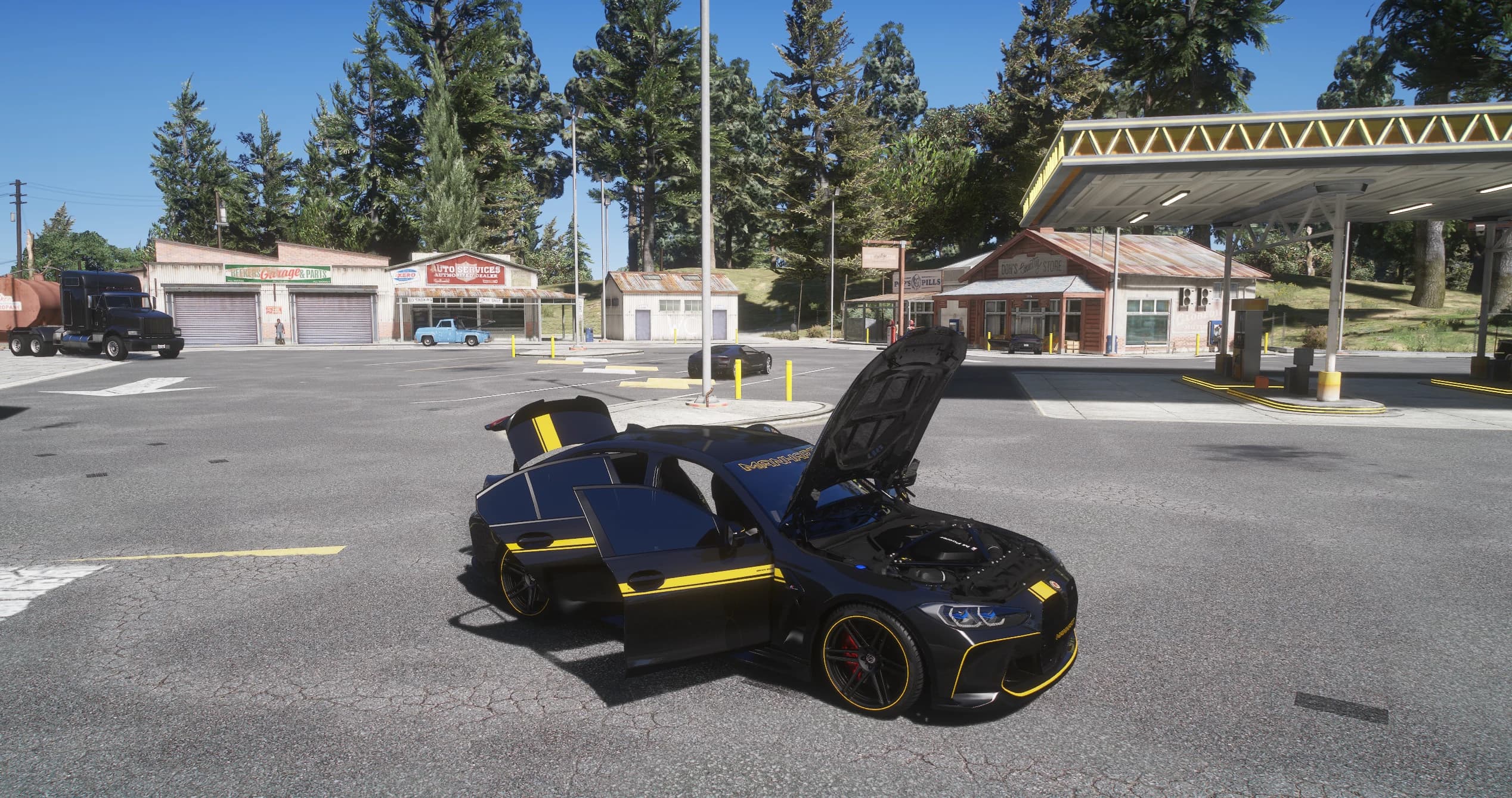 The MH3 600 parked at a Sandy Shores petrol station with the bonnet, the driver door and the boot open, showing the modelled engine bay