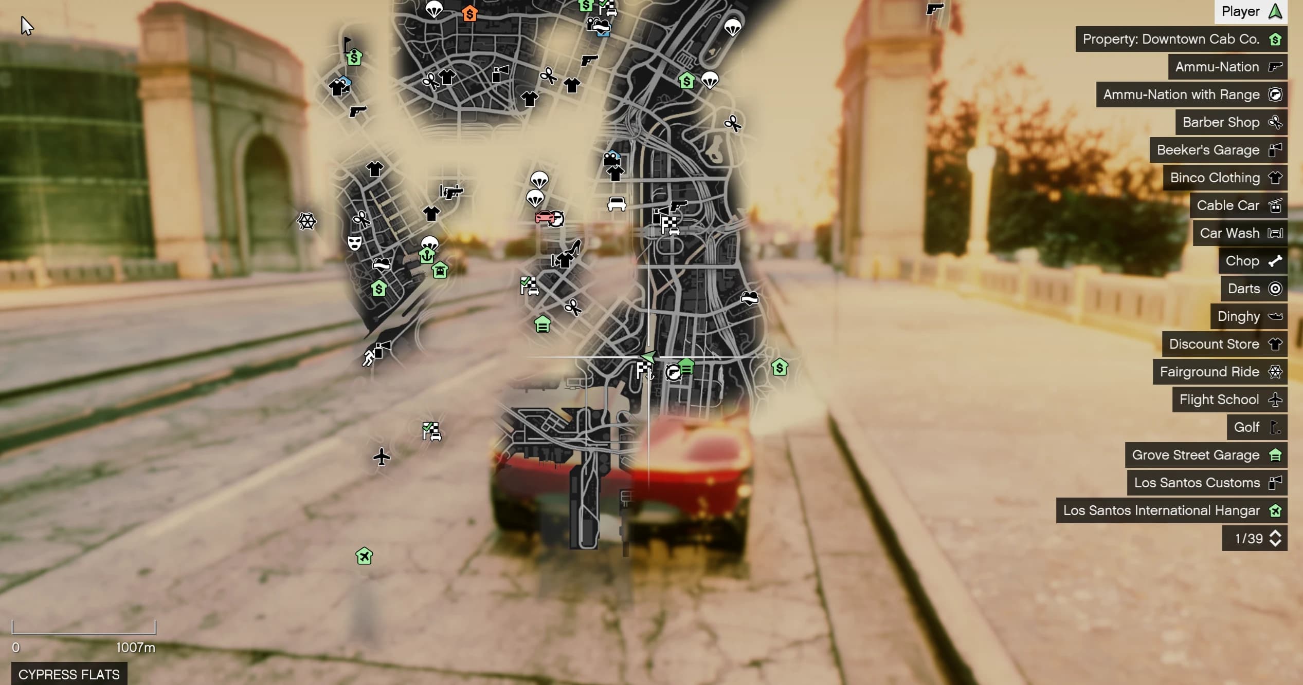 The game map open over the street with the blip legend, showing the green blip created for the custom safe garage