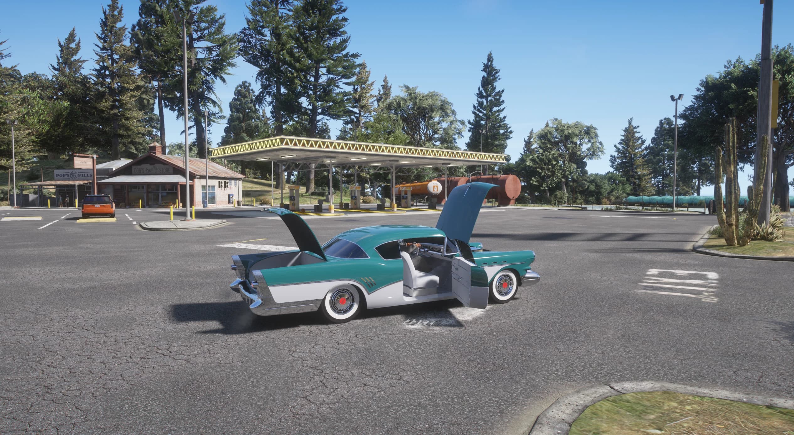 Side view of the Buick Roadmaster with both doors, the hood and the trunk open at a rural gas station, revealing the interior and engine bay