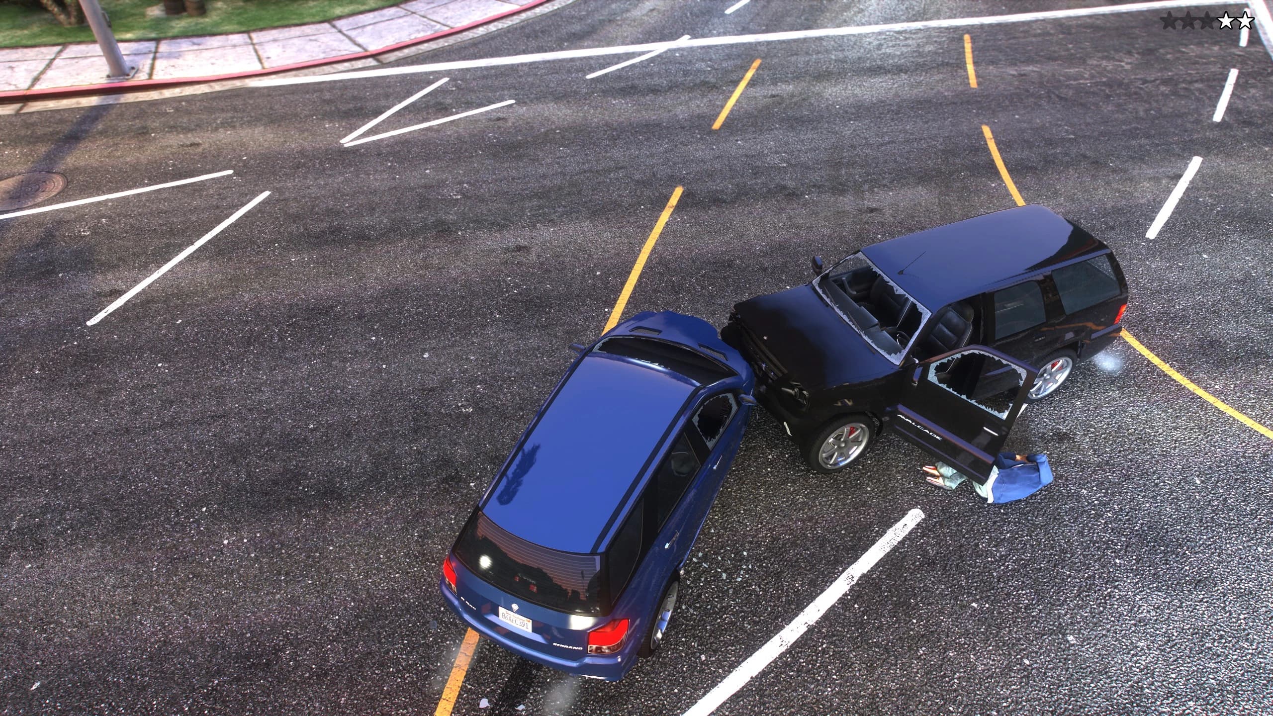 Rear-end collision at an intersection seen from above: broken glass across the asphalt and a door hanging open on the black SUV