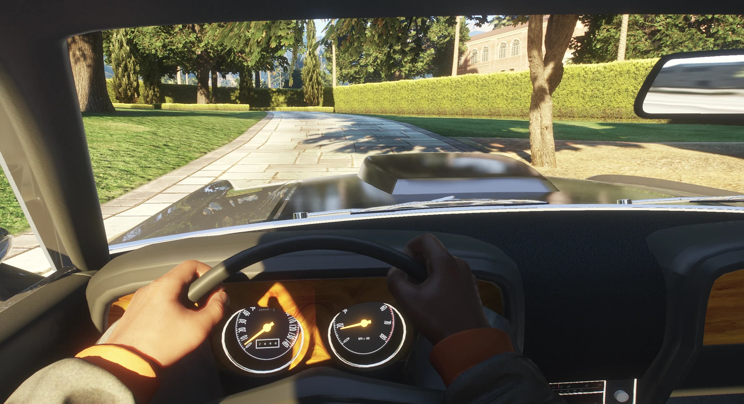 First person view driving the Mustang with the classic wood trim dashboard and round gauges