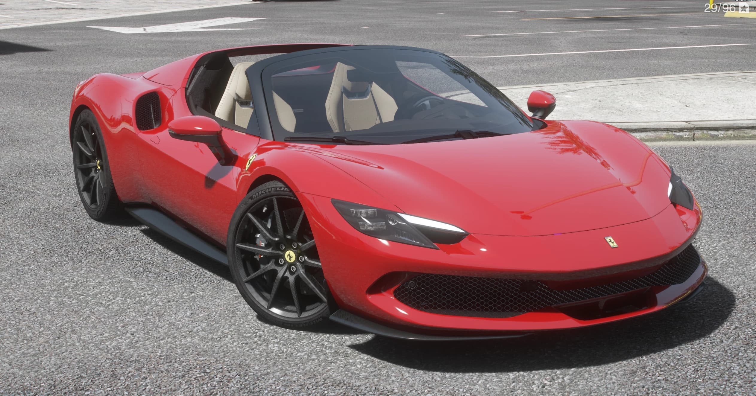 Red Ferrari 296 GTS spider with the roof down and a beige interior, front three-quarter view on a city road