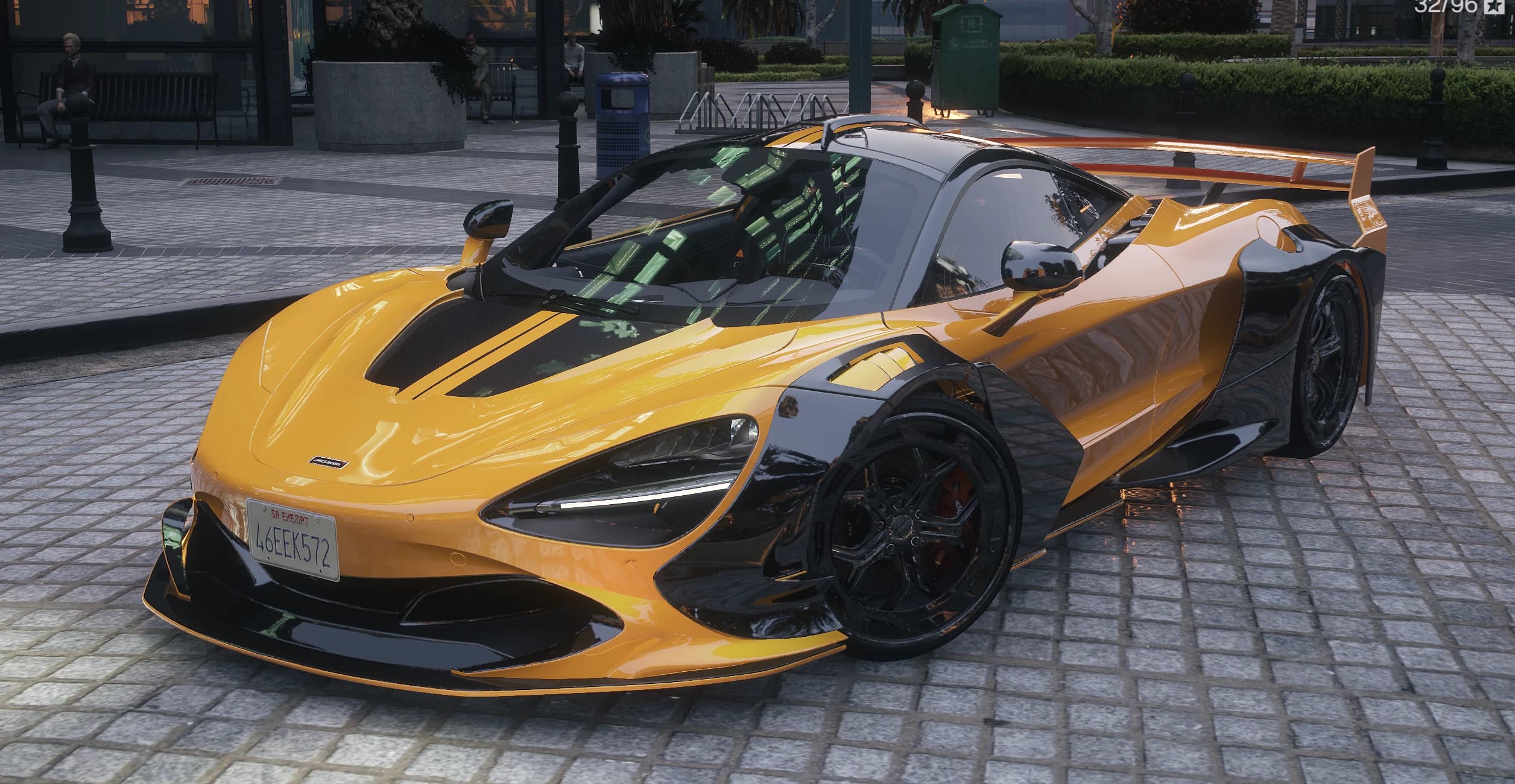 Front three quarter view of the yellow McLaren 720s with the Zacoe widebody kit and carbon accents in GTA V Enhanced