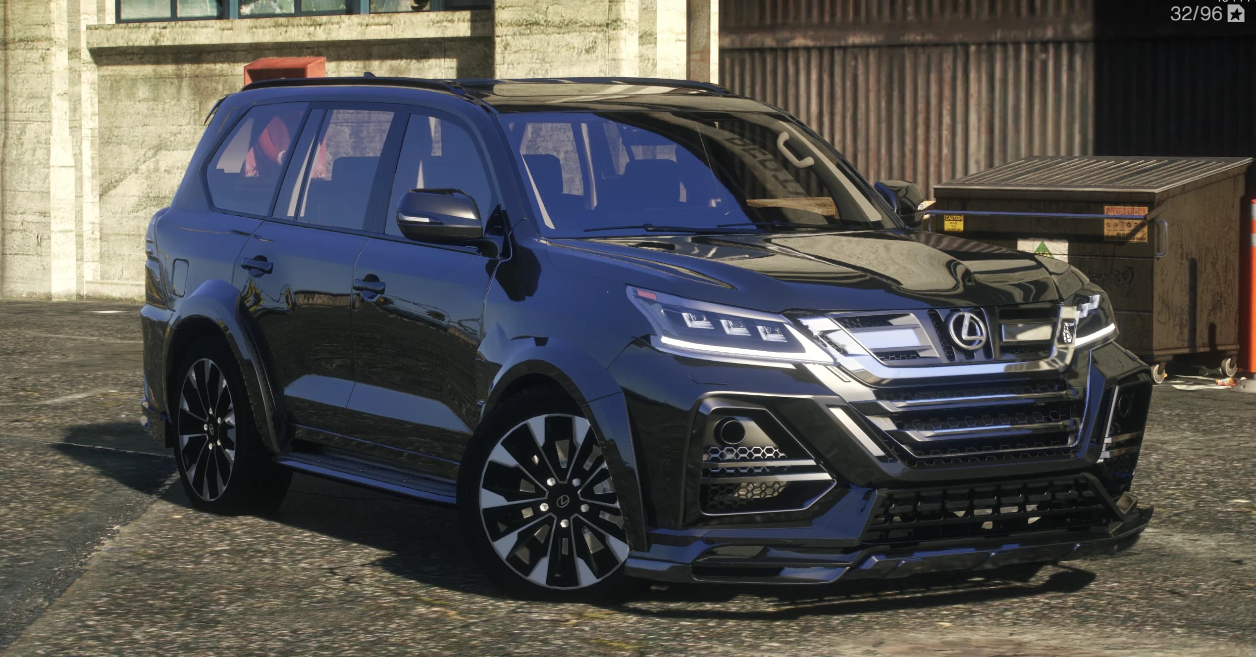 Front three quarter view of the black Lexus LX 570 with the LIMGE kit's layered grille, triple LED headlights and fender flares