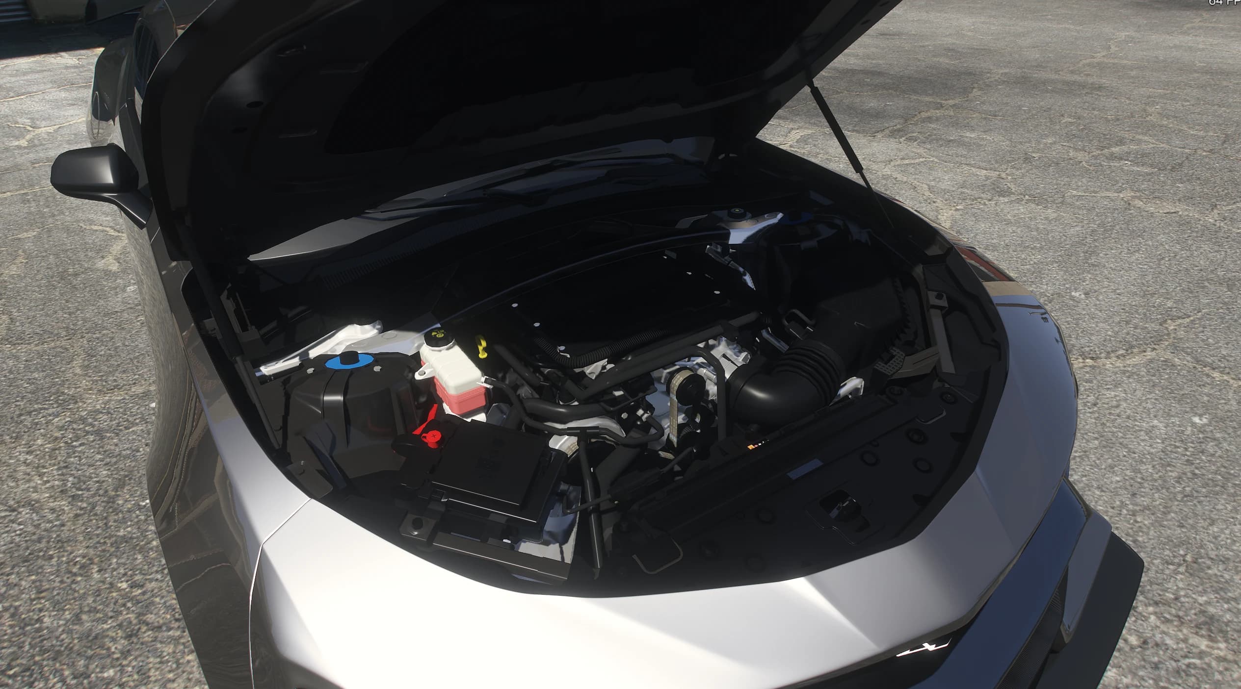 Open hood showing the fully modeled engine bay with intake tube, fluid reservoirs and battery box