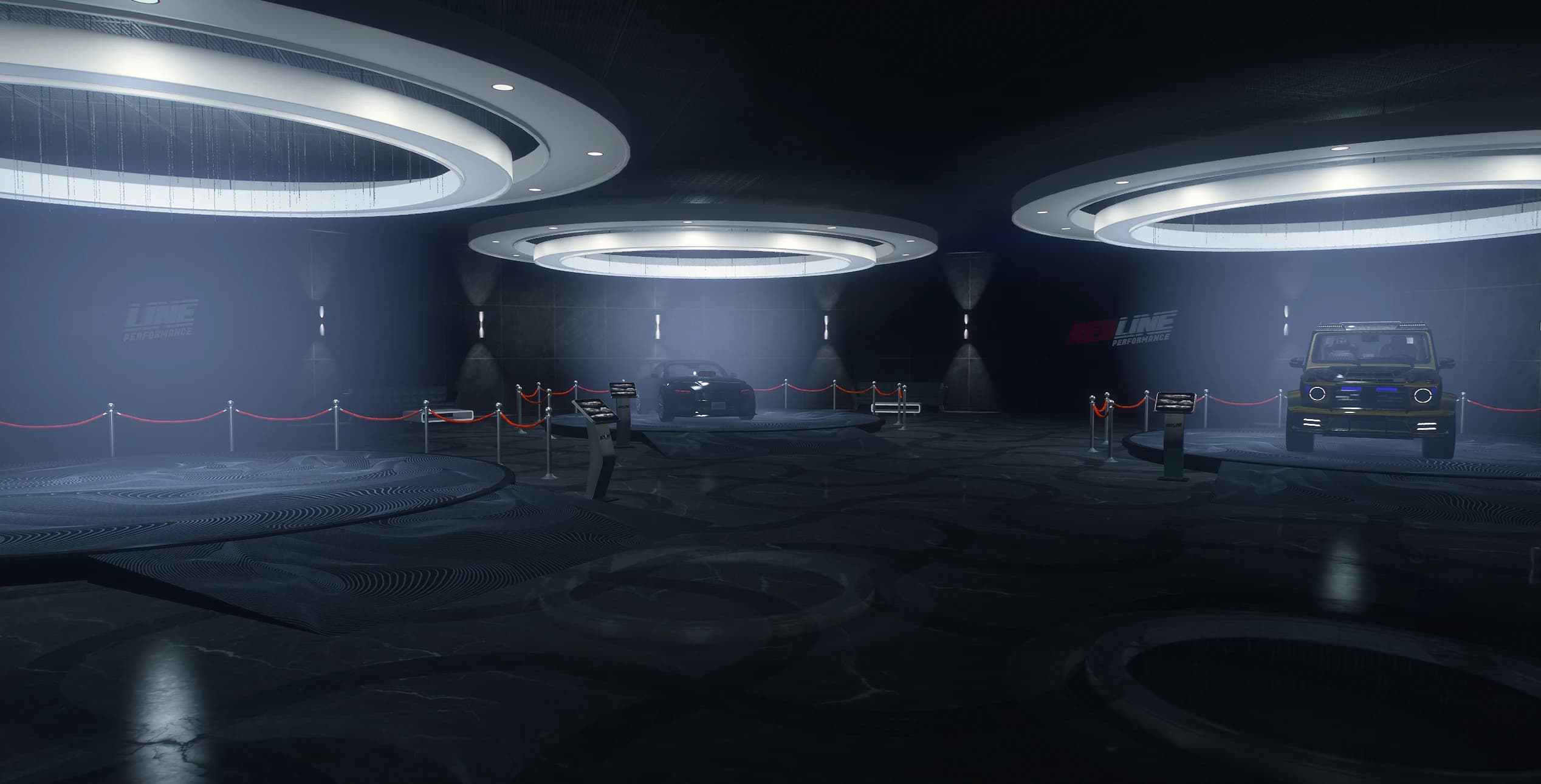 Underground VIP showroom in the dark with ring chandeliers, velvet ropes and cars on display turntables