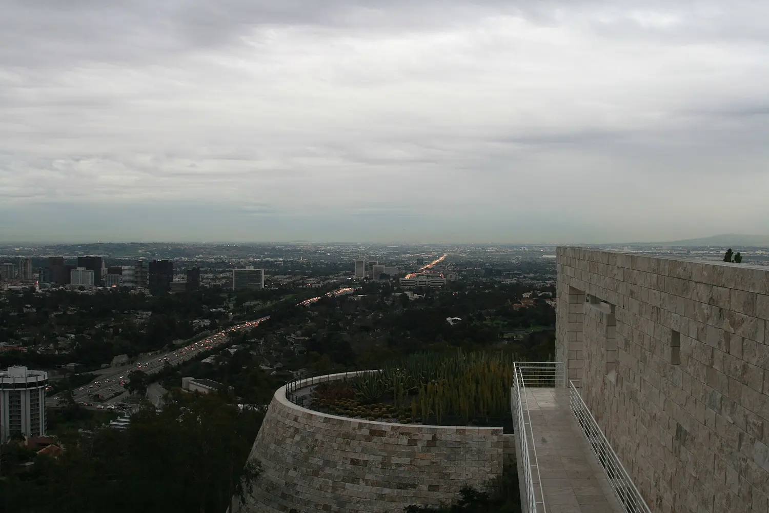 The real Getty Center in Brentwood, Los Angeles: travertine walls and a curved terrace looking out over the freeway and the Los Angeles basin