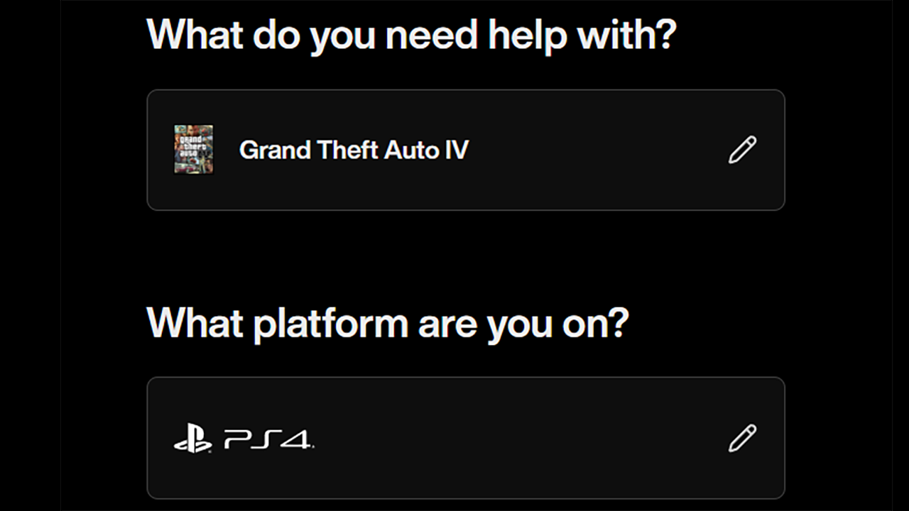 Rockstar Games support website for Grand Theft Auto IV showing PlayStation 4 listed as a platform, next to the GTA IV box art