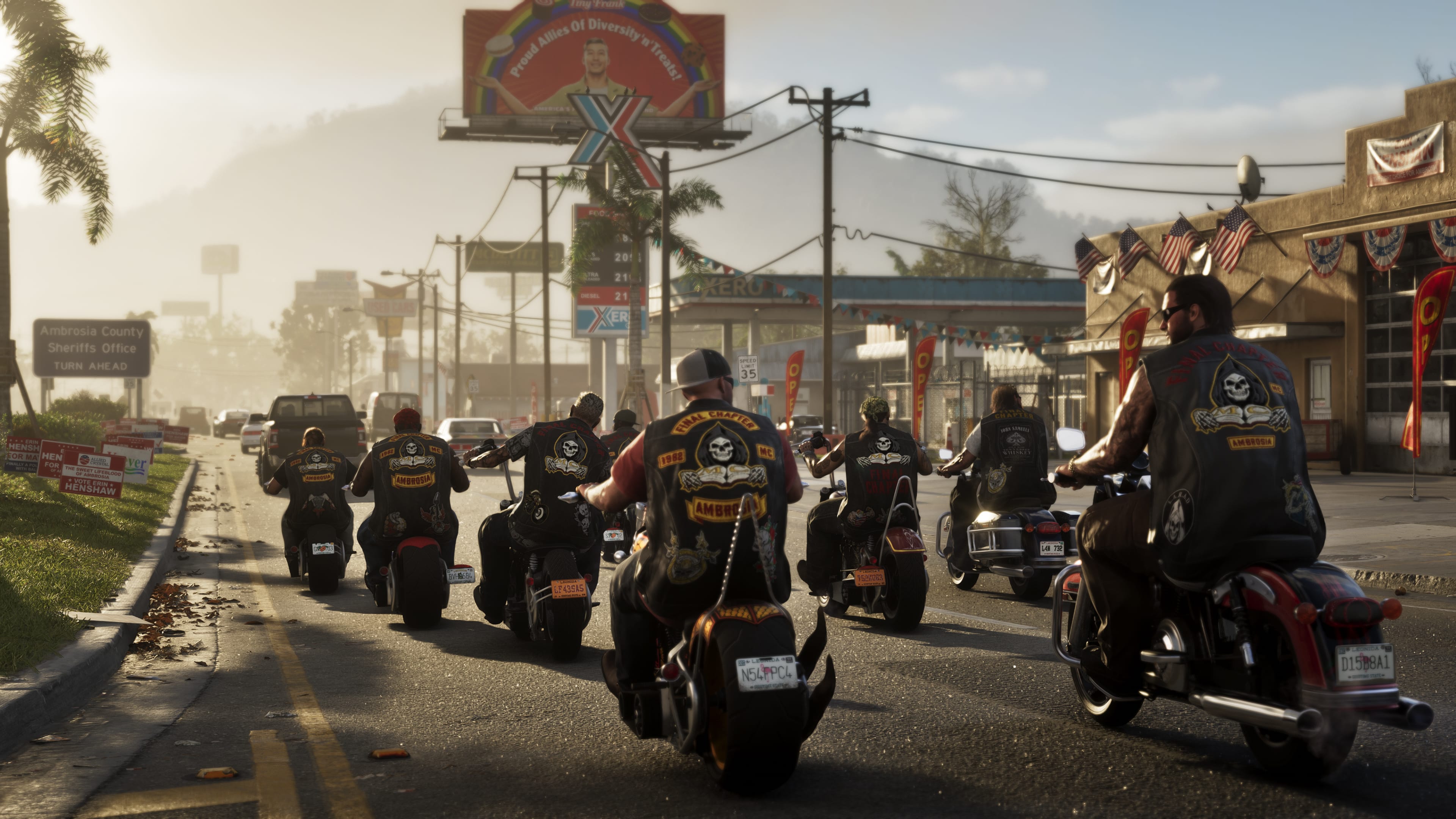 GTA 6 screenshot of a biker gang riding through Ambrosia at golden hour