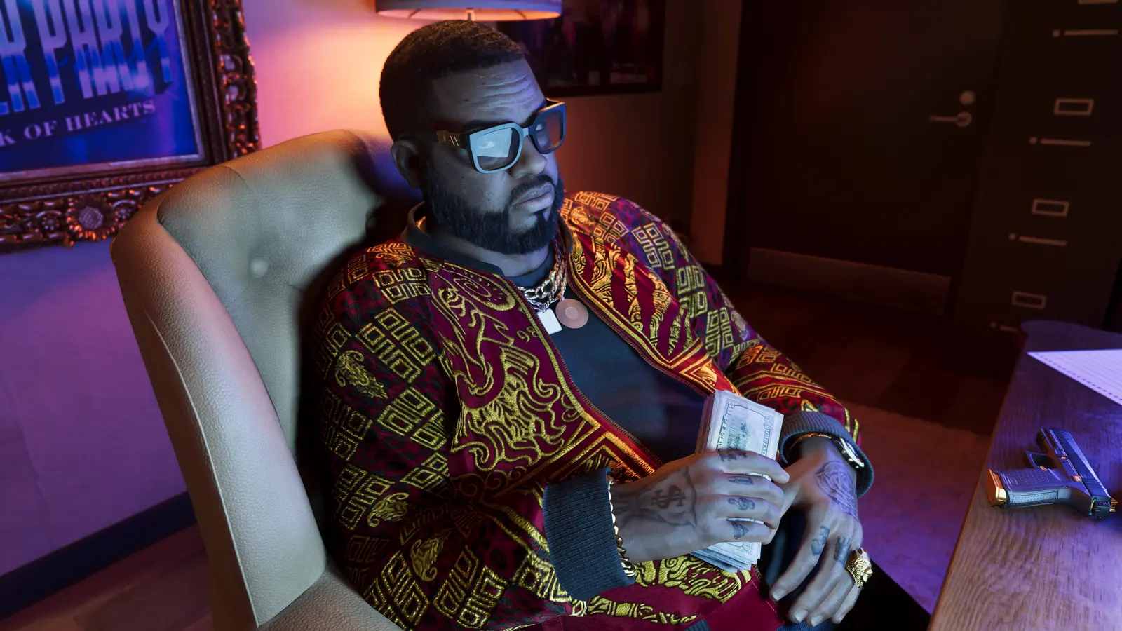 Boobie Ike counting a stack of hundred dollar bills in a dim office in GTA 6, wearing an embroidered crimson and gold jacket with chains, glasses reflecting the light and a pistol resting on the desk beside him