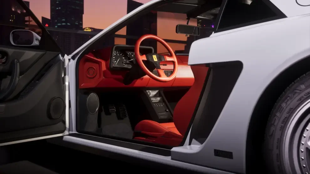 Detailed GTA 6 car interior with red leather, working dashboard and clutch pedal