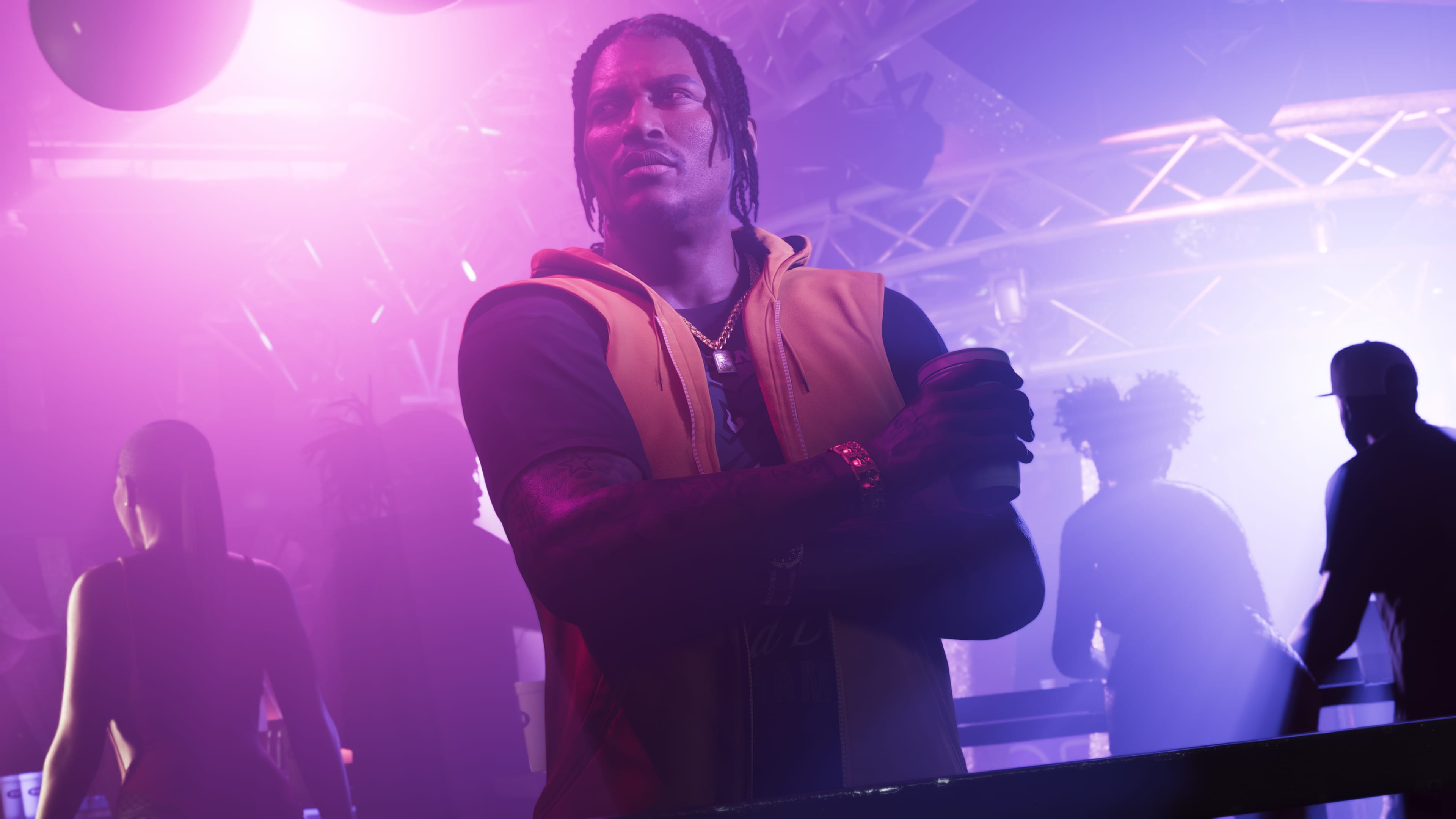 GTA 6 screenshot of DreQuan Priest in a Vice City nightclub
