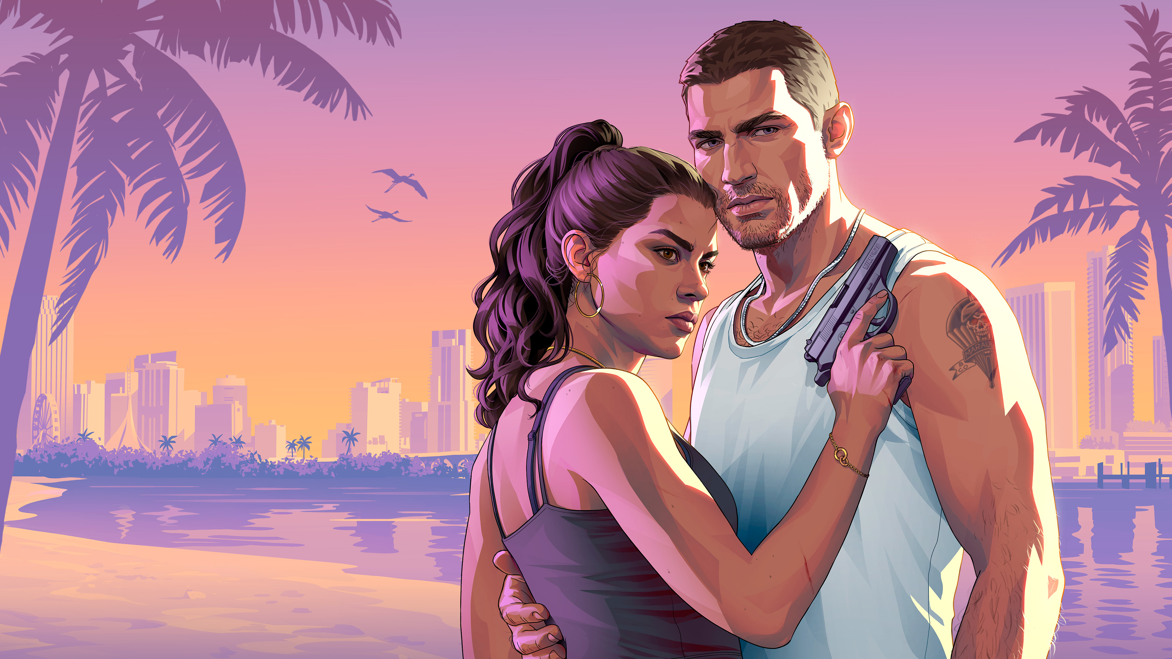 Official GTA 6 key art of Jason and Lucia against a sunset Vice City skyline