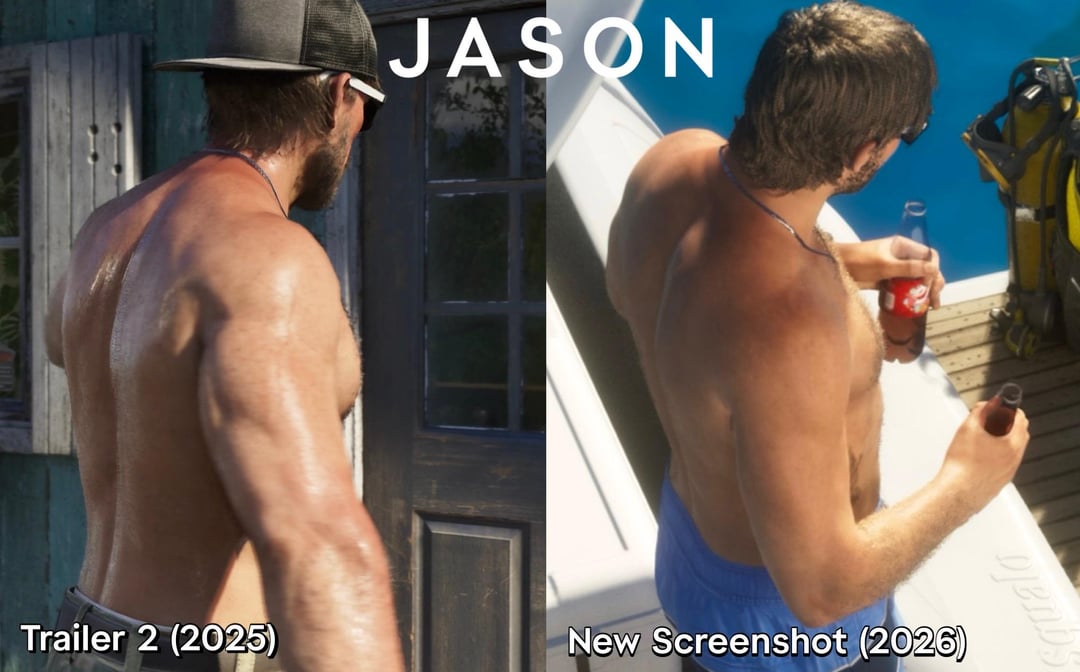 GTA 6 screenshot of Jason appearing noticeably muscular and defined, fuelling speculation about a fitness or bodybuilding mechanic