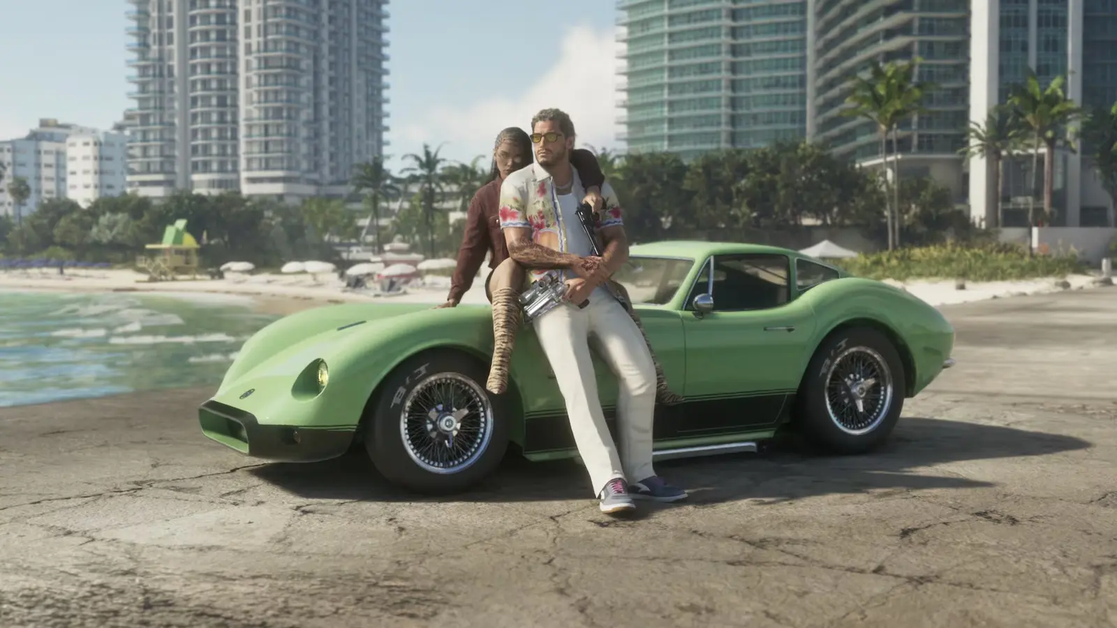 Jason and Lucia leaning against a green classic sports car on a Vice City beach, with high-rise towers and palm trees behind them