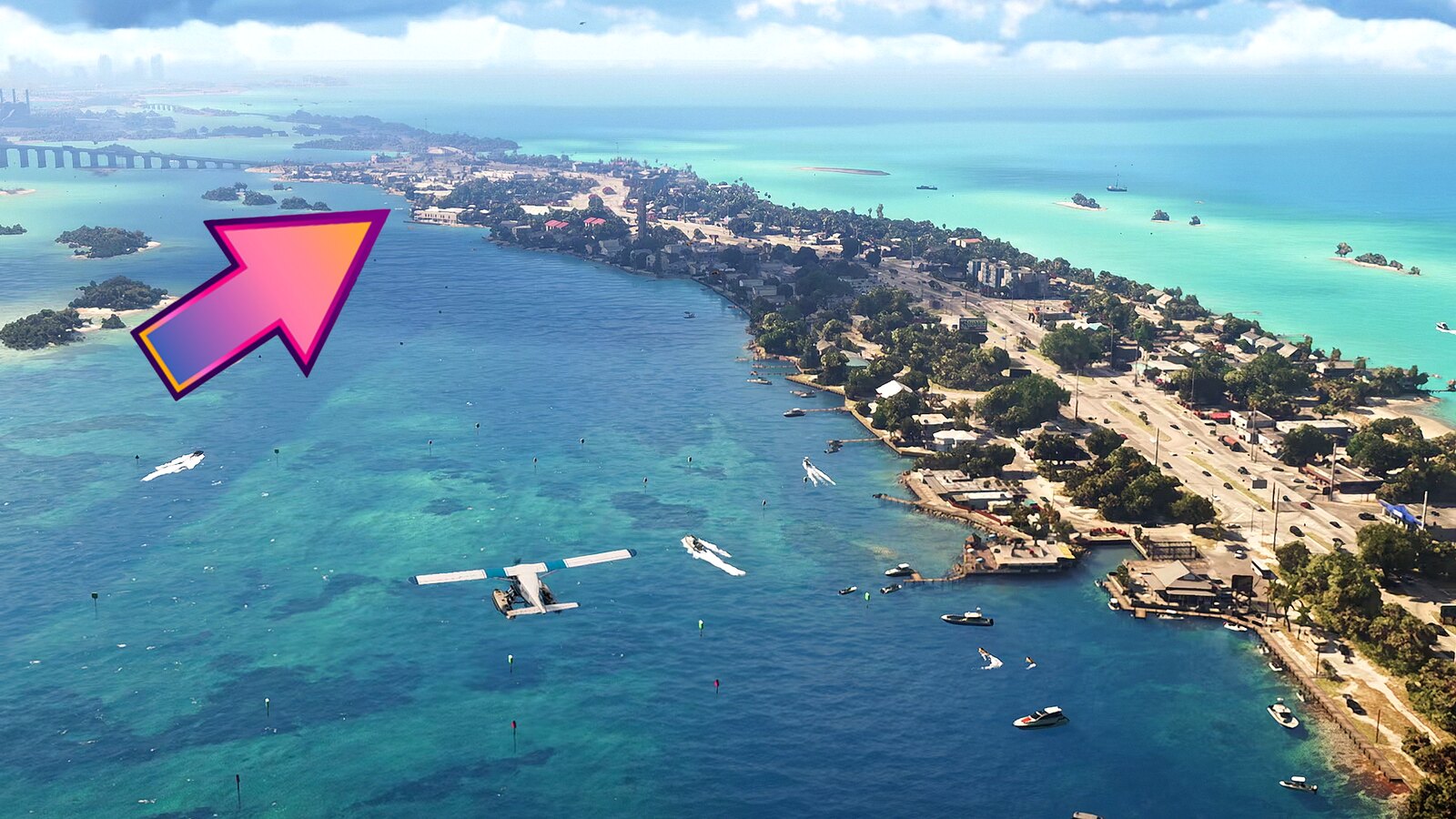 Aerial shot of the first Leonida key, with the causeway to the mainland and the Vice City skyline in the distance
