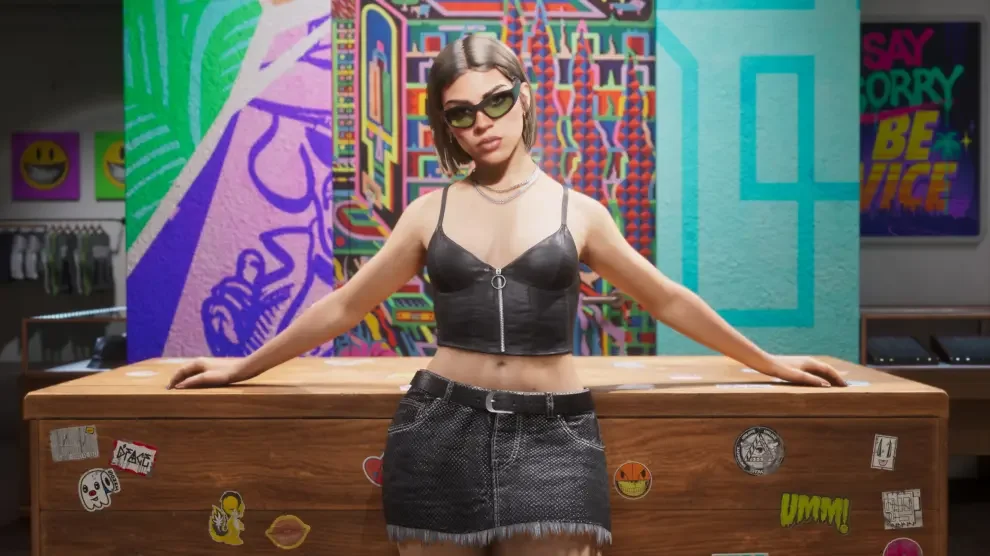 Lucía trying on outfits in a Vice City boutique in GTA 6