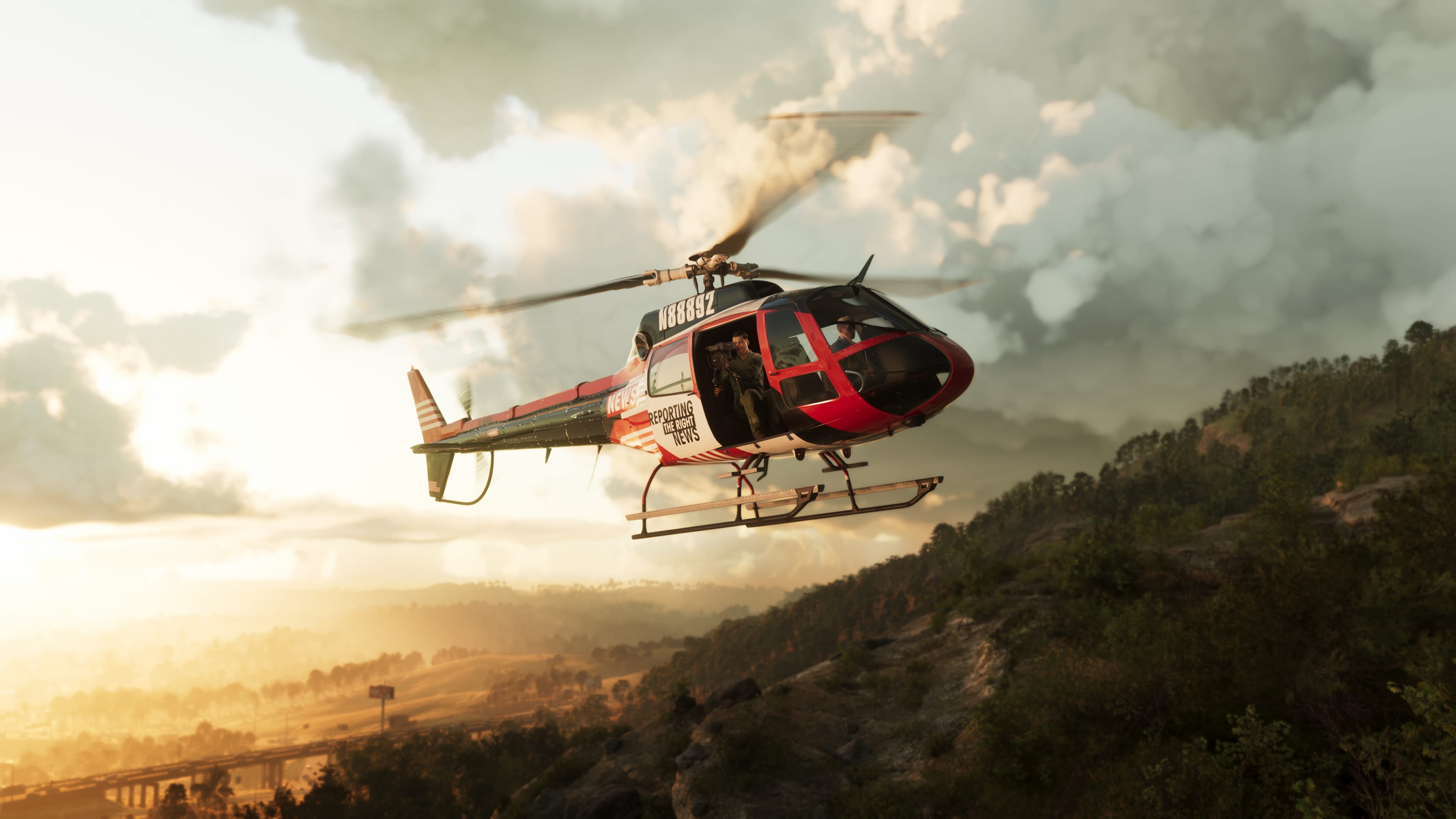 GTA 6 screenshot of a news helicopter over the forested hills of Mount Kalaga National Park