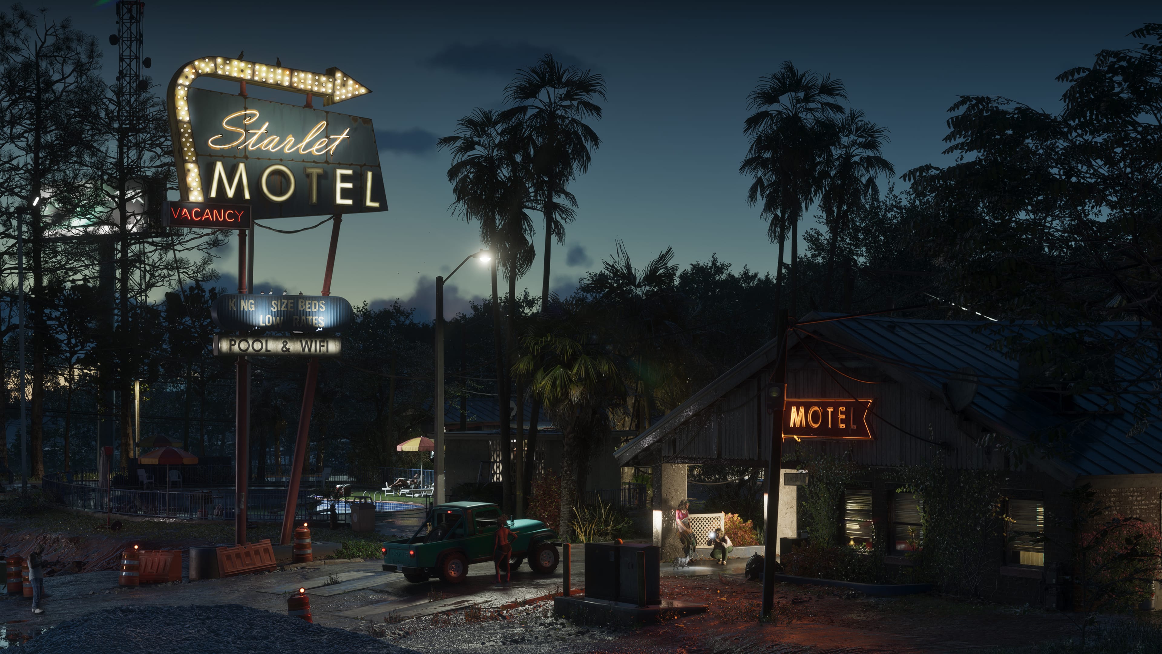 GTA 6 screenshot of the Starlet Motel neon sign in Port Gellhorn at night