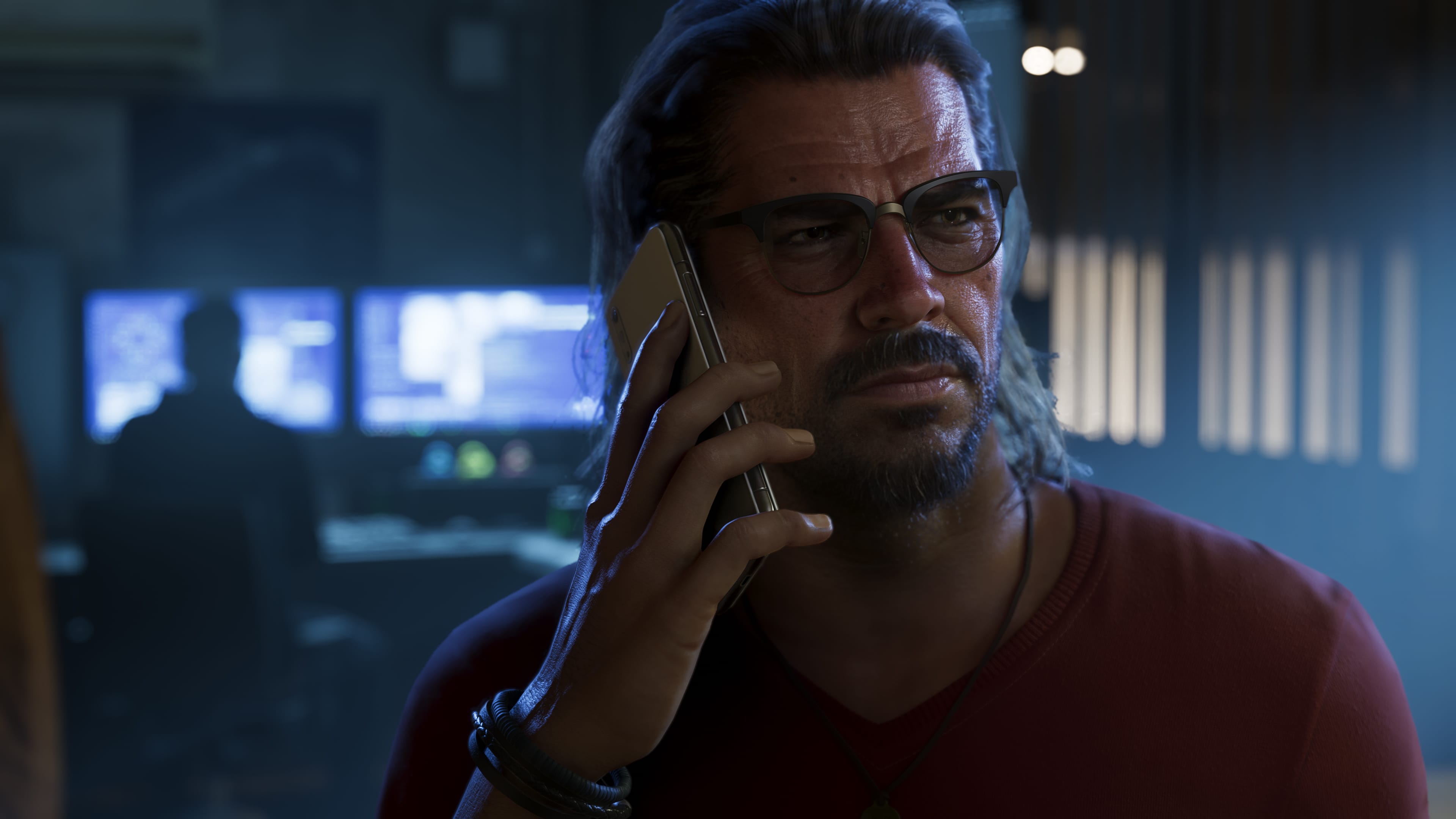 GTA 6 screenshot of bank robber Raul Bautista on the phone