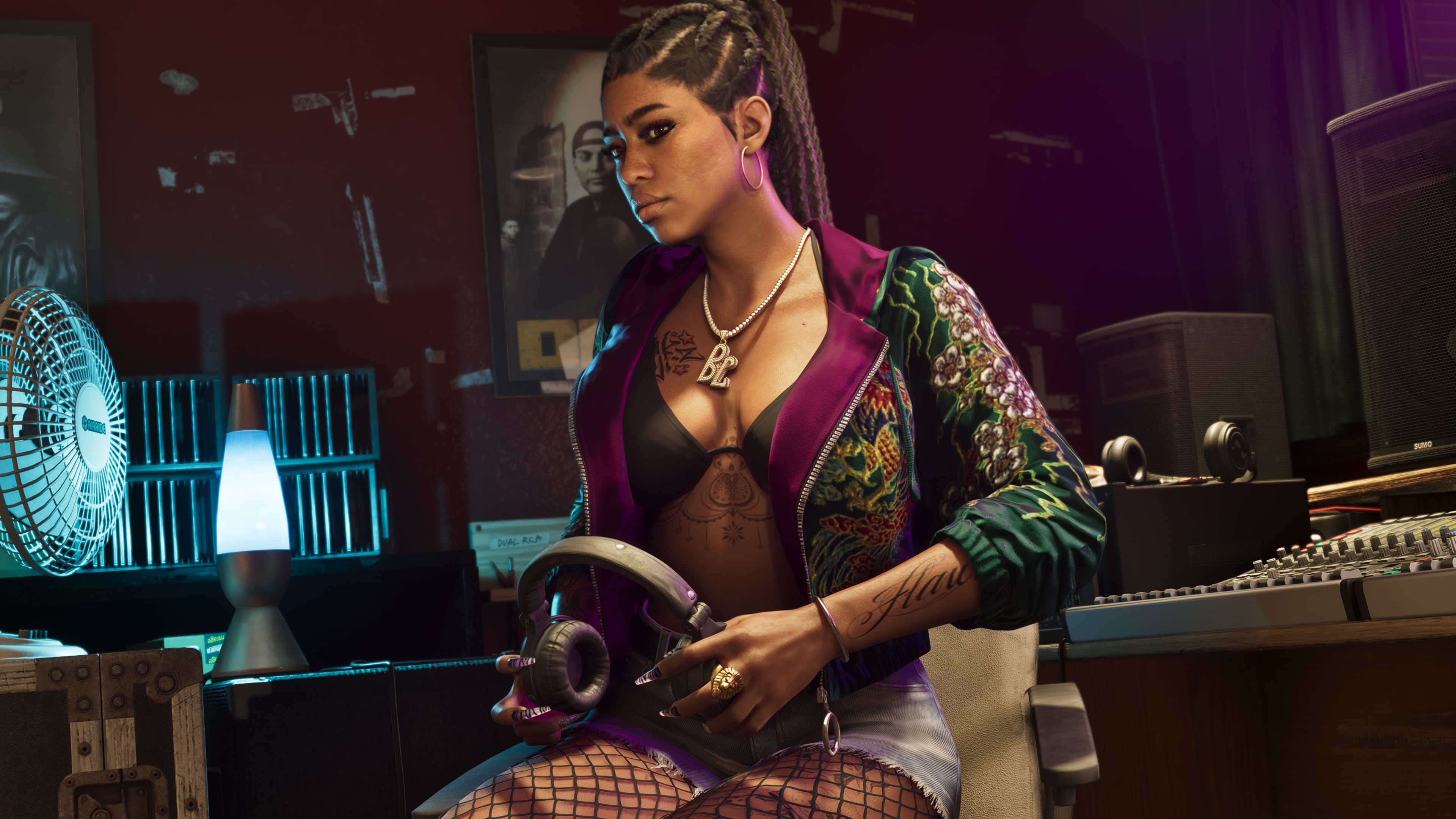 GTA 6 screenshot of one of the Real Dimez rappers in a recording studio