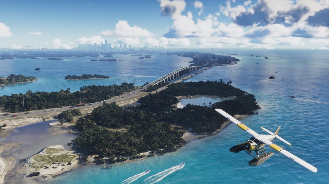 GTA 6 official screenshot showing an extremely tall radio mast rising over the landscape in the far background, dwarfing the city beside it