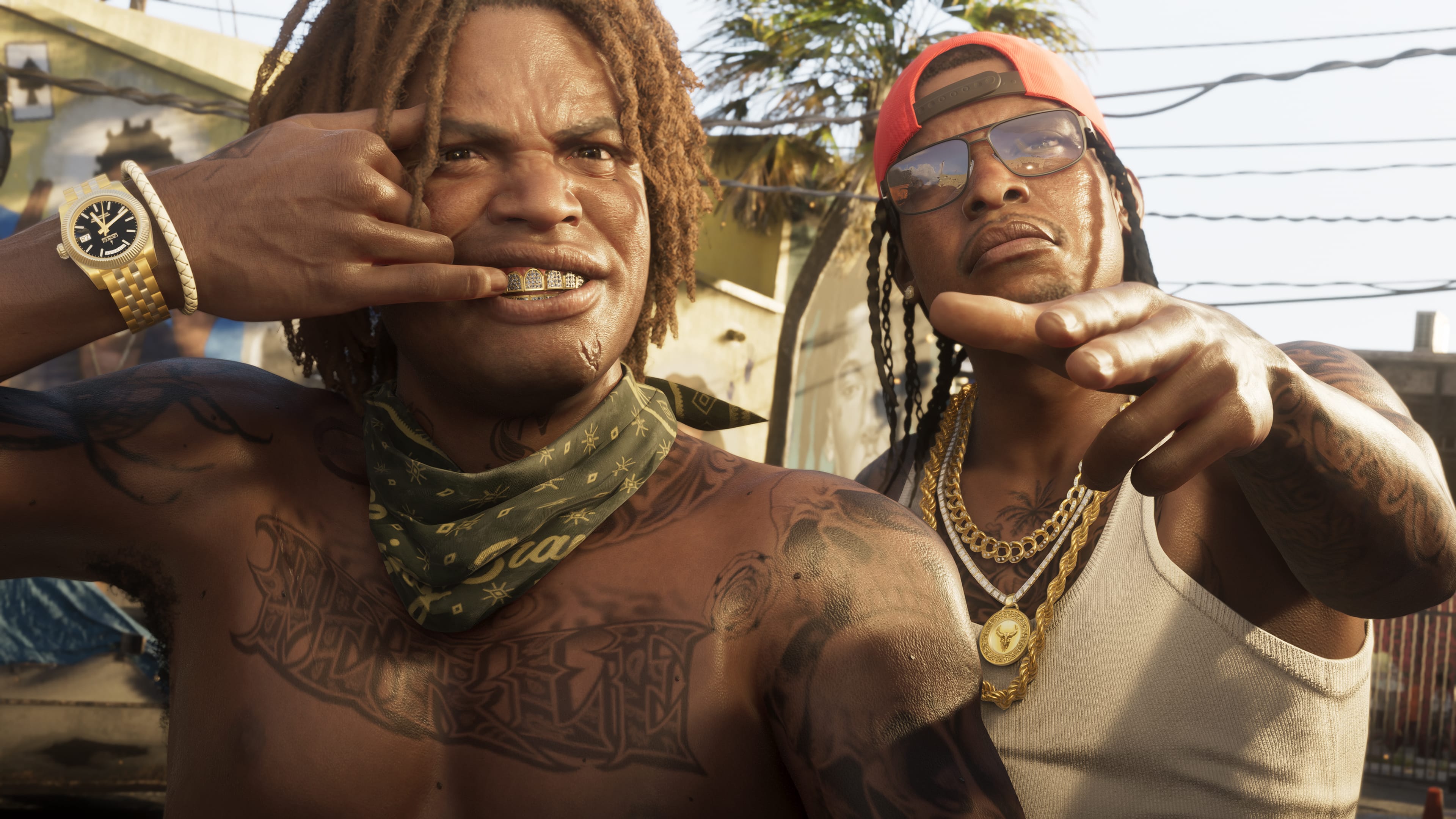 GTA 6 screenshot of two Vice City locals posing on a sunlit street
