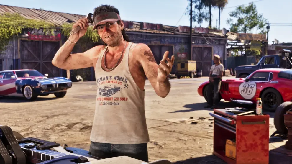 Wyman at his auto salvage workshop surrounded by classic cars in GTA 6