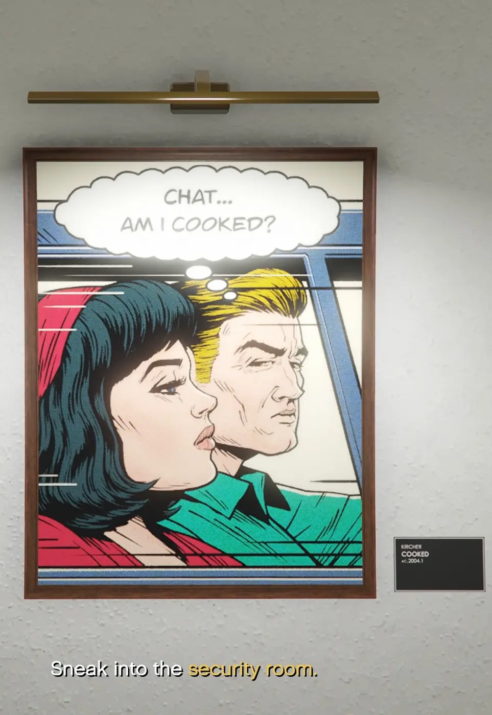 A Roy Lichtenstein-style pop-art painting inside the Kortz Center showing a dark-haired woman and a blond man sitting in a car, with a comic thought bubble reading 'CHAT... AM I COOKED?', and a gallery placard reading KIRCHER COOKED.