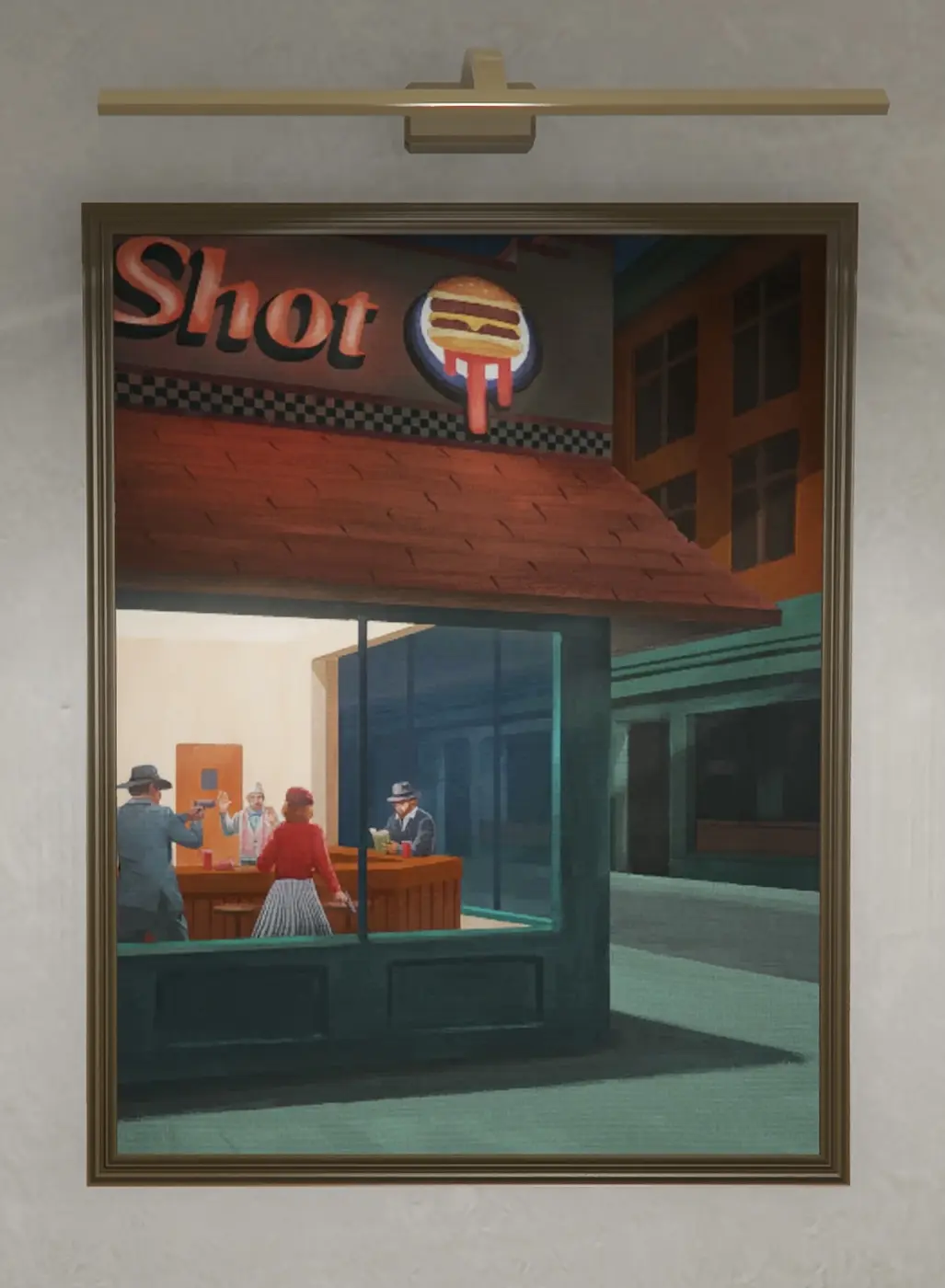 An Edward Hopper Nighthawks-style painting of a night-time diner being robbed: a man in a hat aims a pistol across the counter and a woman in a red top holds a second gun, watched by a cook and a seated patron.