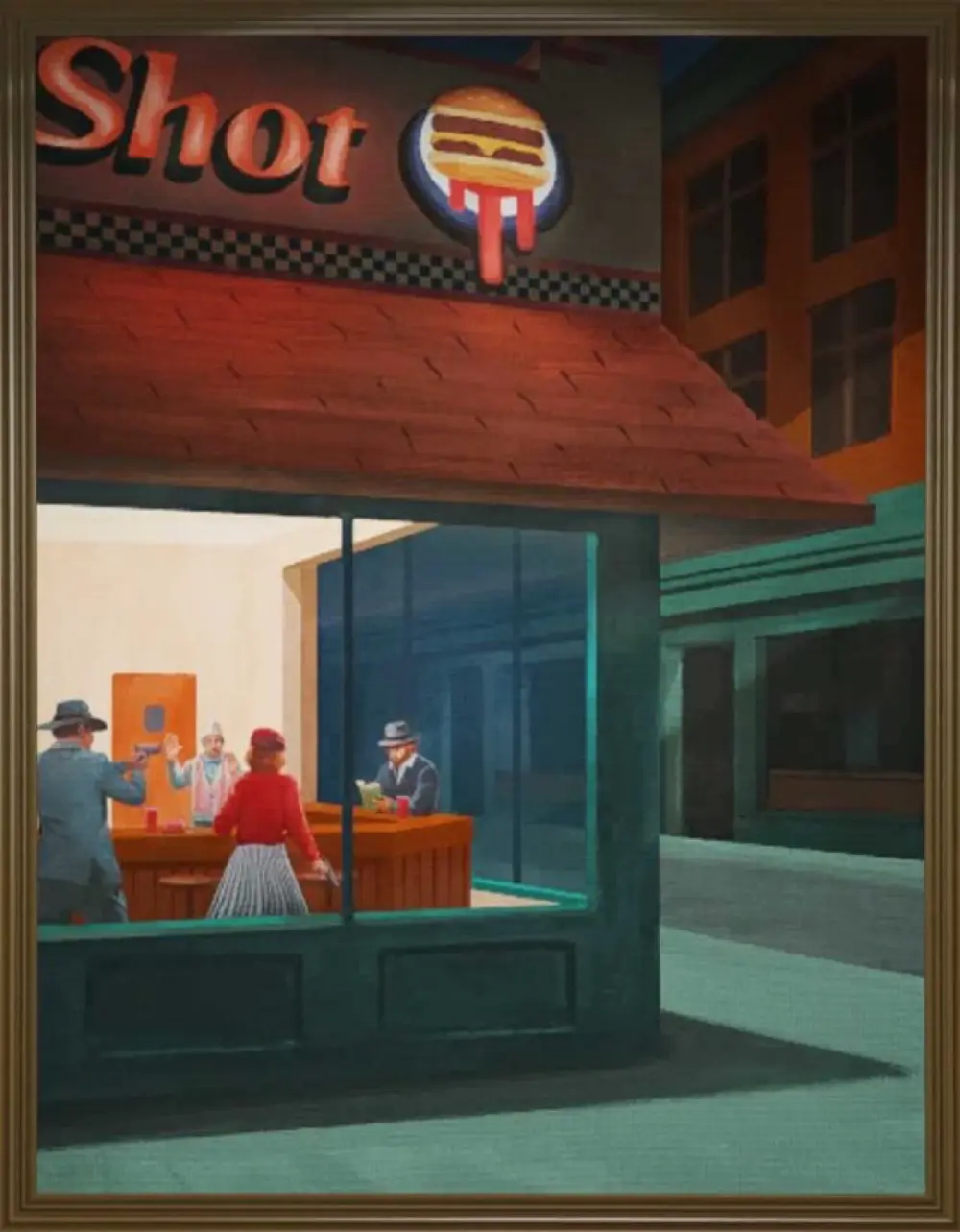 A painting in the Kortz Center in the style of Edward Hopper's Nighthawks: a Burger Shot restaurant seen at night through its corner window, where a man in a hat aims a pistol at a member of staff with his hands raised while a woman in a red top and a striped skirt stands at the counter and a seated man ignores them.