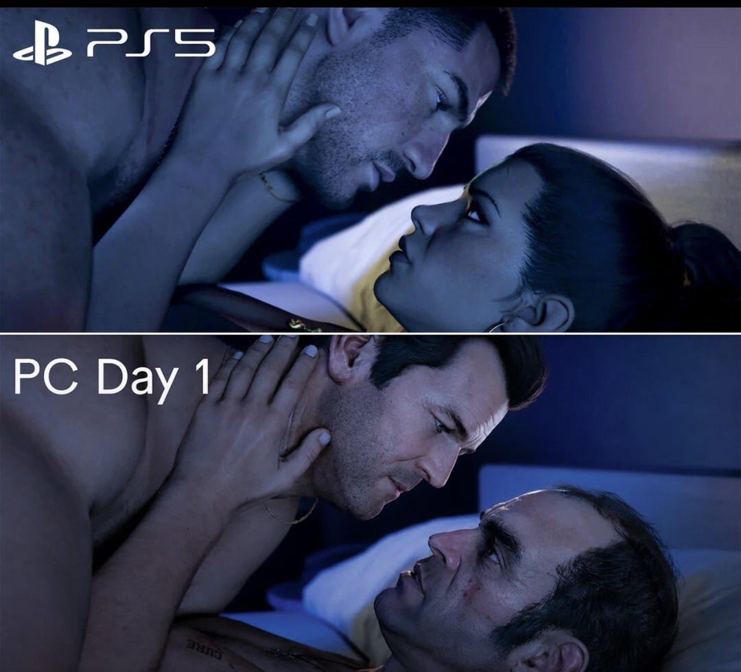 GTA 6 bedroom scene meme: the PS5 version shows Jason and Lucia, the PC day one version is modded to show Michael and Trevor from GTA 5