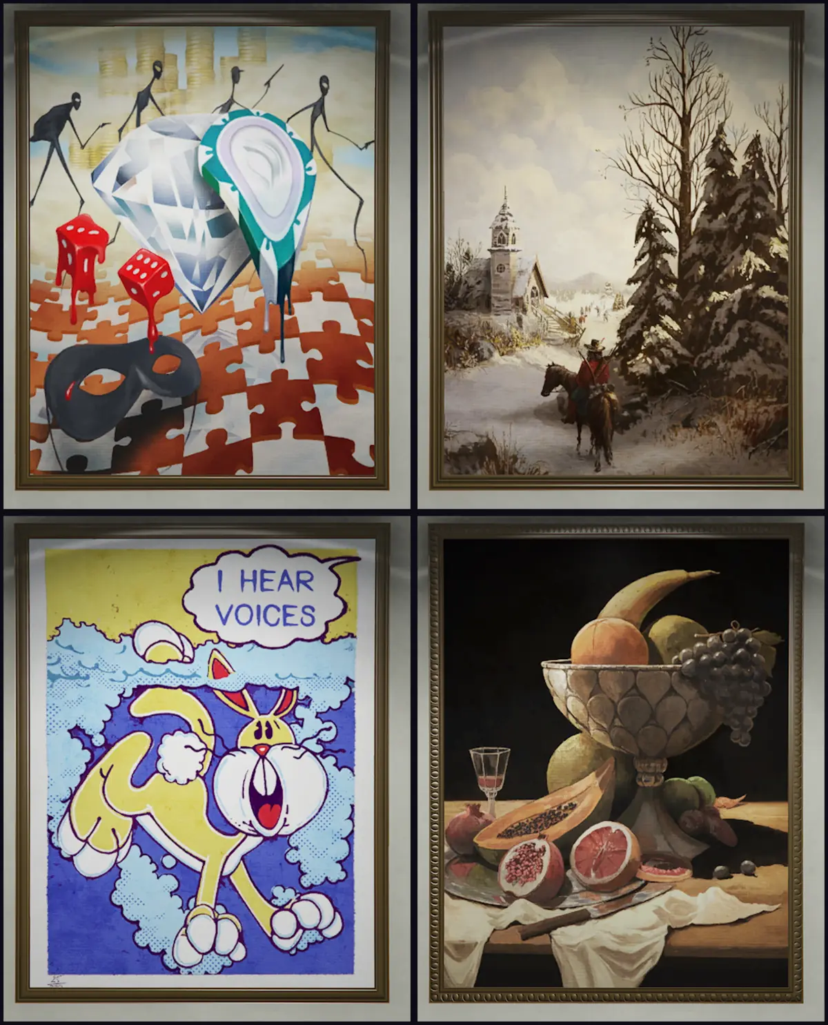 Four Kortz Center paintings side by side: a surrealist scene with elongated black figures walking behind a huge diamond, a melting casino chip and two red dice on a floor of jigsaw pieces; a snowbound church with a rider in a red coat on horseback among pine trees; a comic book print of a yellow cartoon rabbit screaming in a swimming pool under a speech balloon reading I HEAR VOICES; and a dark still life with a banana curving out of a silver bowl above a split papaya, a halved pomegranate and a cut blood orange.