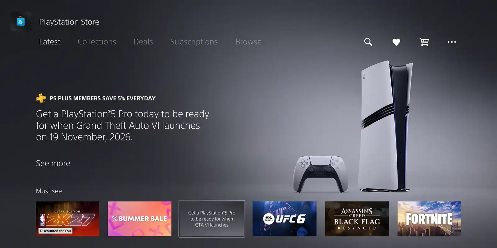PlayStation Store front page with a banner urging players to get a PS5 Pro to be ready for GTA 6 on 19 November 2026, next to a PS5 Pro console and DualSense controller